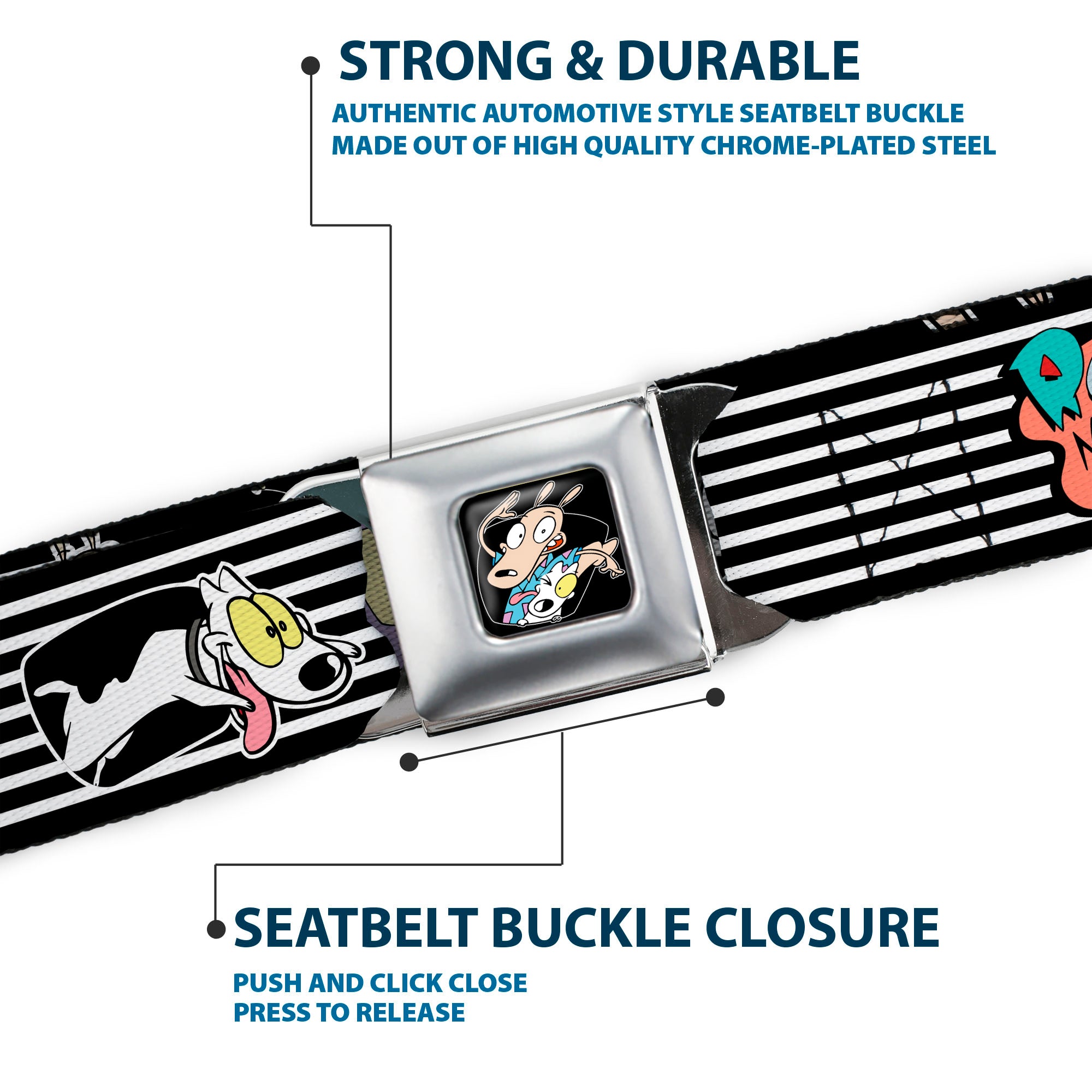 Rocko & Spunky Pose Full Color Black Seatbelt Belt - ROCKO'S MODERN LIFE Rocko & Spunky Poses/TV Stripe Black/White Webbing Seatbelt Belts Ren and Stimpy