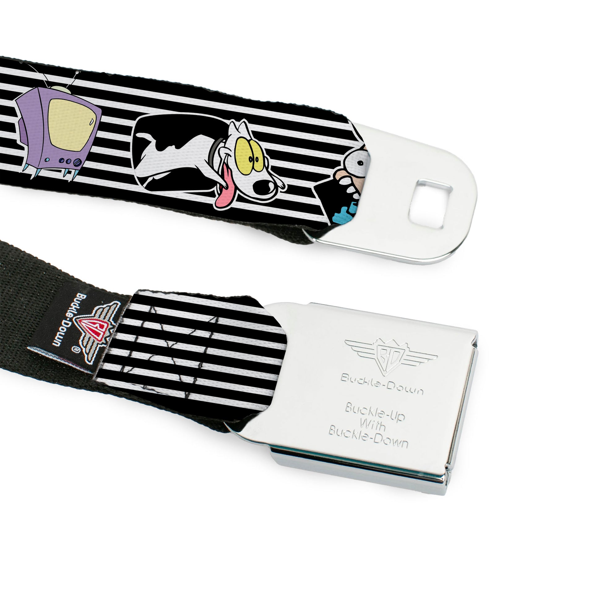 Rocko & Spunky Pose Full Color Black Seatbelt Belt - ROCKO'S MODERN LIFE Rocko & Spunky Poses/TV Stripe Black/White Webbing Seatbelt Belts Ren and Stimpy