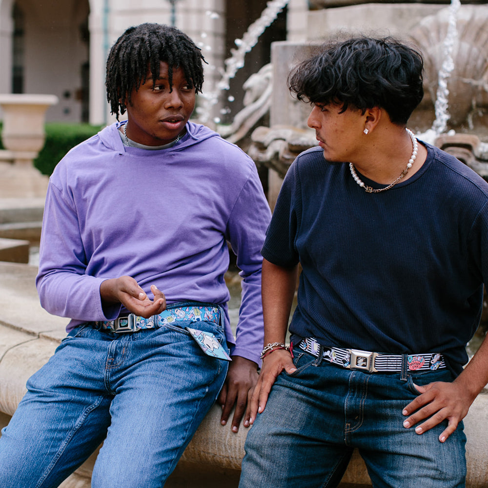 Rocko & Spunky Pose Full Color Black Seatbelt Belt - ROCKO'S MODERN LIFE Rocko & Spunky Poses/TV Stripe Black/White Webbing Seatbelt Belts Ren and Stimpy