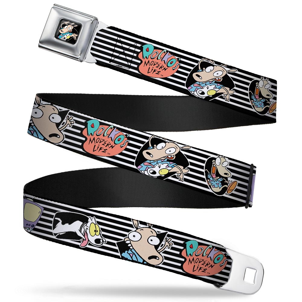 Rocko & Spunky Pose Full Color Black Seatbelt Belt - ROCKO'S MODERN LIFE Rocko & Spunky Poses/TV Stripe Black/White Webbing Seatbelt Belts Ren and Stimpy