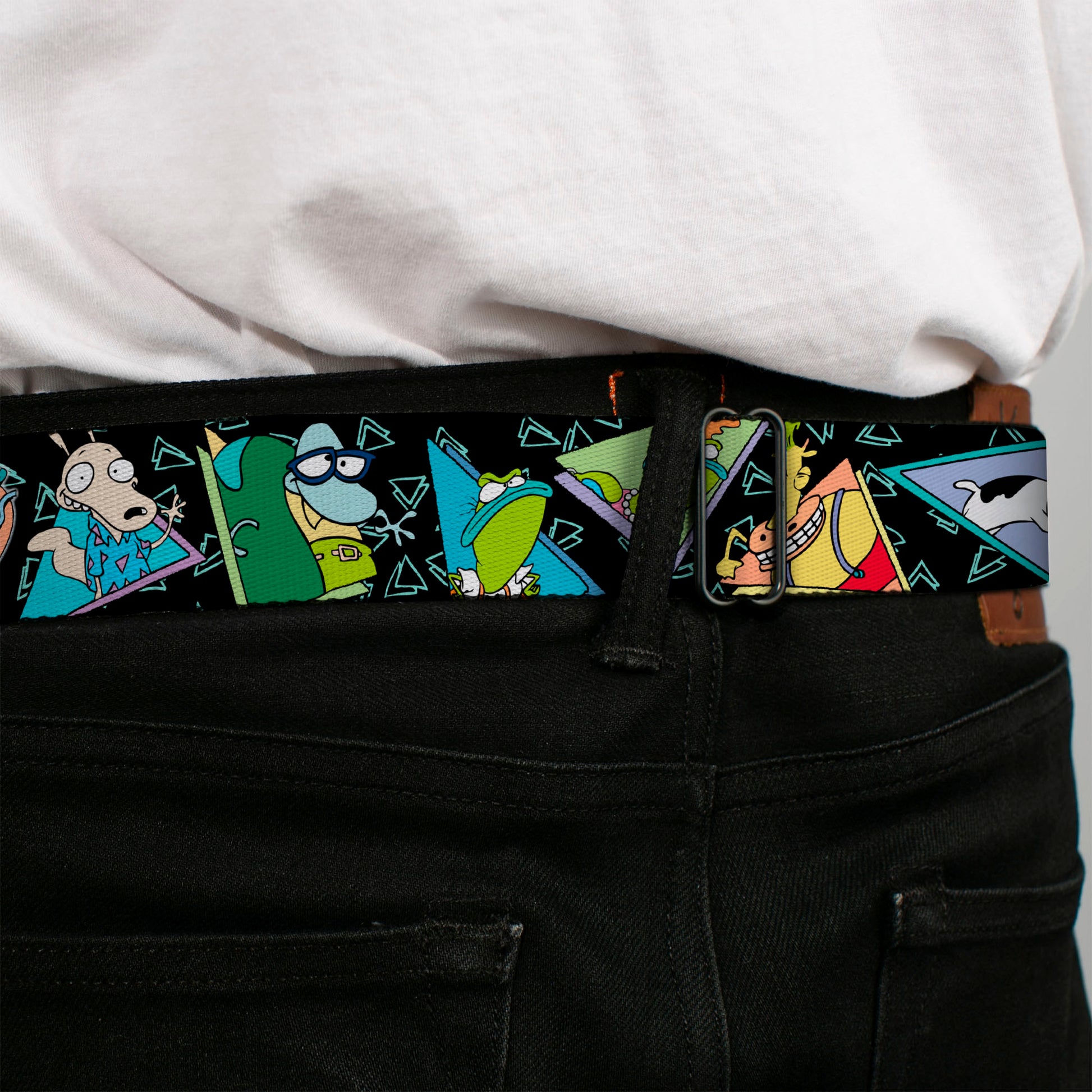 Rocko & Spunky Pose Full Color Black Seatbelt Belt - ROCKO'S MODERN LIFE Character Portraits/Triangles Black/Blue Webbing Seatbelt Belts Ren and Stimpy
