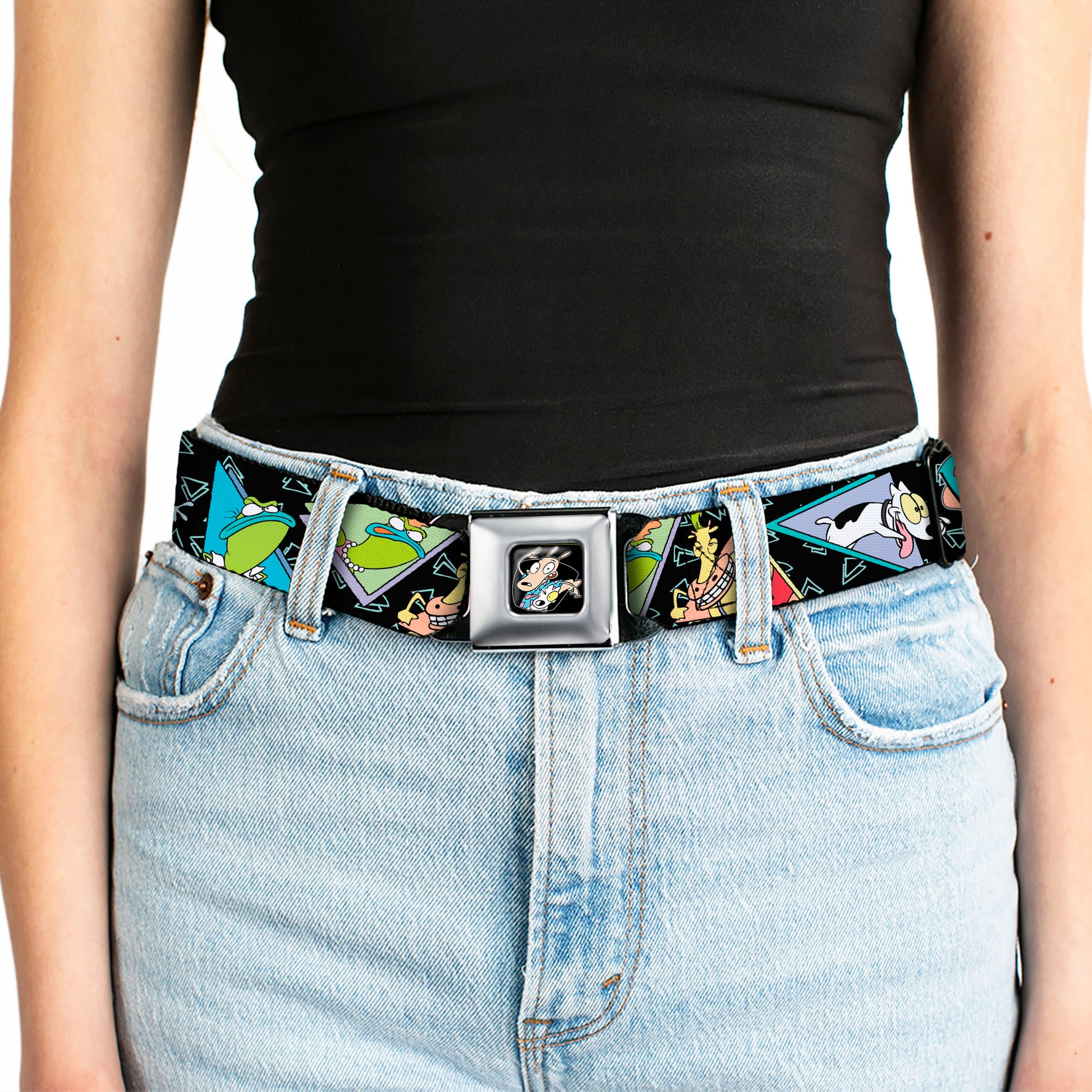 Rocko & Spunky Pose Full Color Black Seatbelt Belt - ROCKO'S MODERN LIFE Character Portraits/Triangles Black/Blue Webbing Seatbelt Belts Ren and Stimpy
