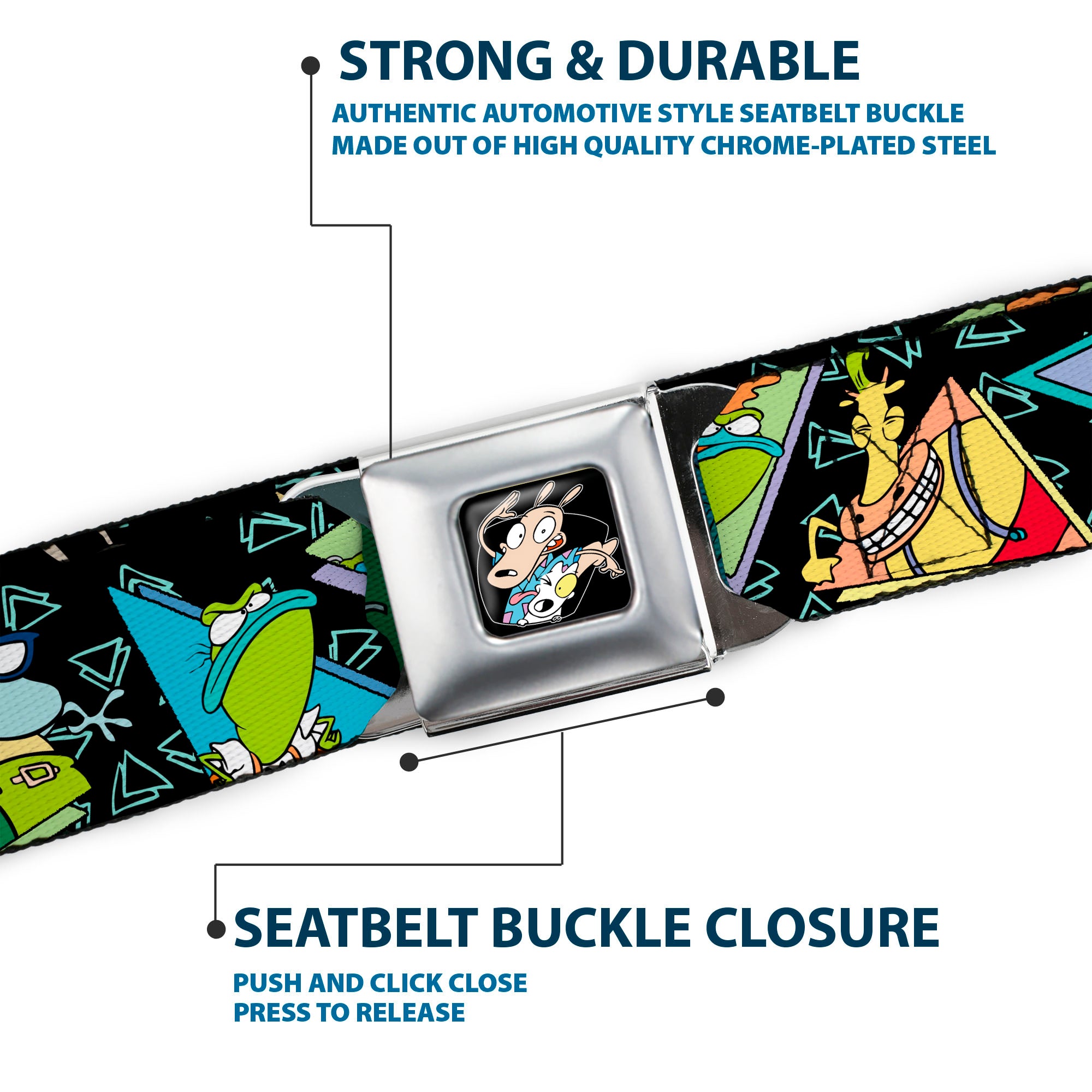 Rocko & Spunky Pose Full Color Black Seatbelt Belt - ROCKO'S MODERN LIFE Character Portraits/Triangles Black/Blue Webbing Seatbelt Belts Ren and Stimpy