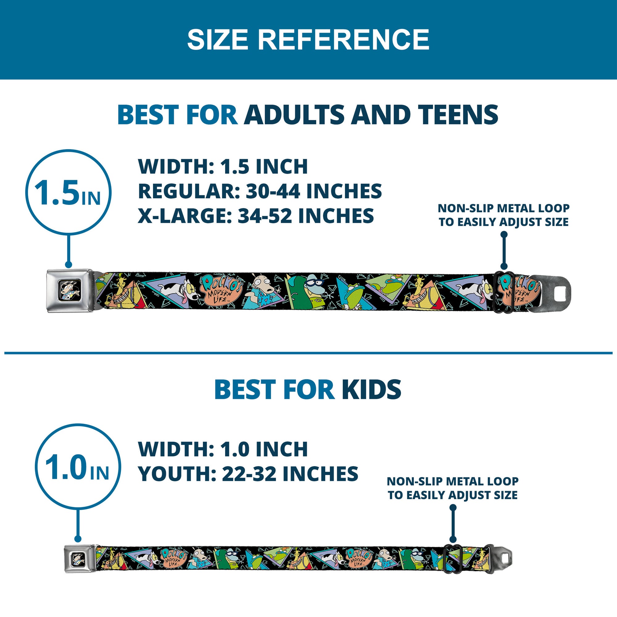 Rocko & Spunky Pose Full Color Black Seatbelt Belt - ROCKO'S MODERN LIFE Character Portraits/Triangles Black/Blue Webbing Seatbelt Belts Ren and Stimpy