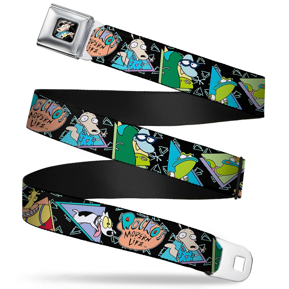 Rocko & Spunky Pose Full Color Black Seatbelt Belt - ROCKO'S MODERN LIFE Character Portraits/Triangles Black/Blue Webbing Seatbelt Belts Ren and Stimpy