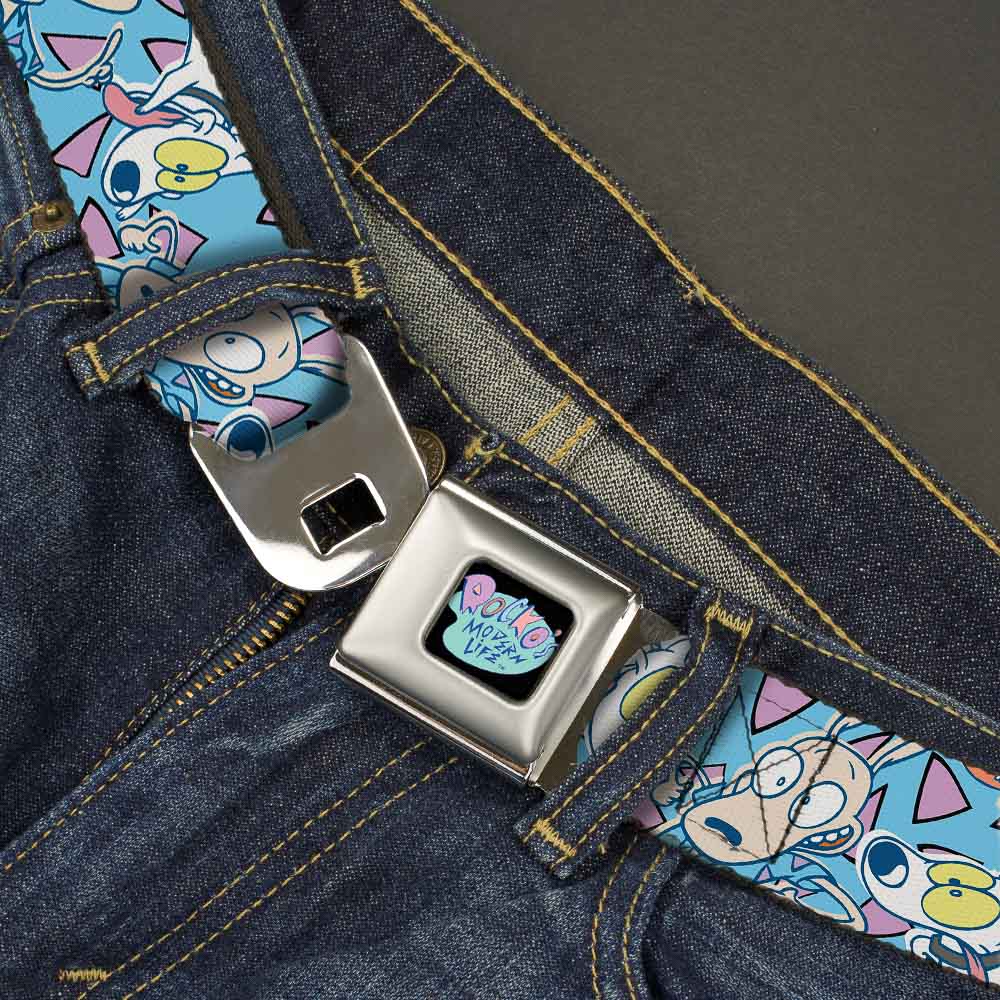 ROCKO'S MODERN LIFE Logo Full Color Black/Blues Seatbelt Belt - Rocko & Spunky Scattered Expressions/Triangles Blue/Lavender Webbing Seatbelt Belts Ren and Stimpy