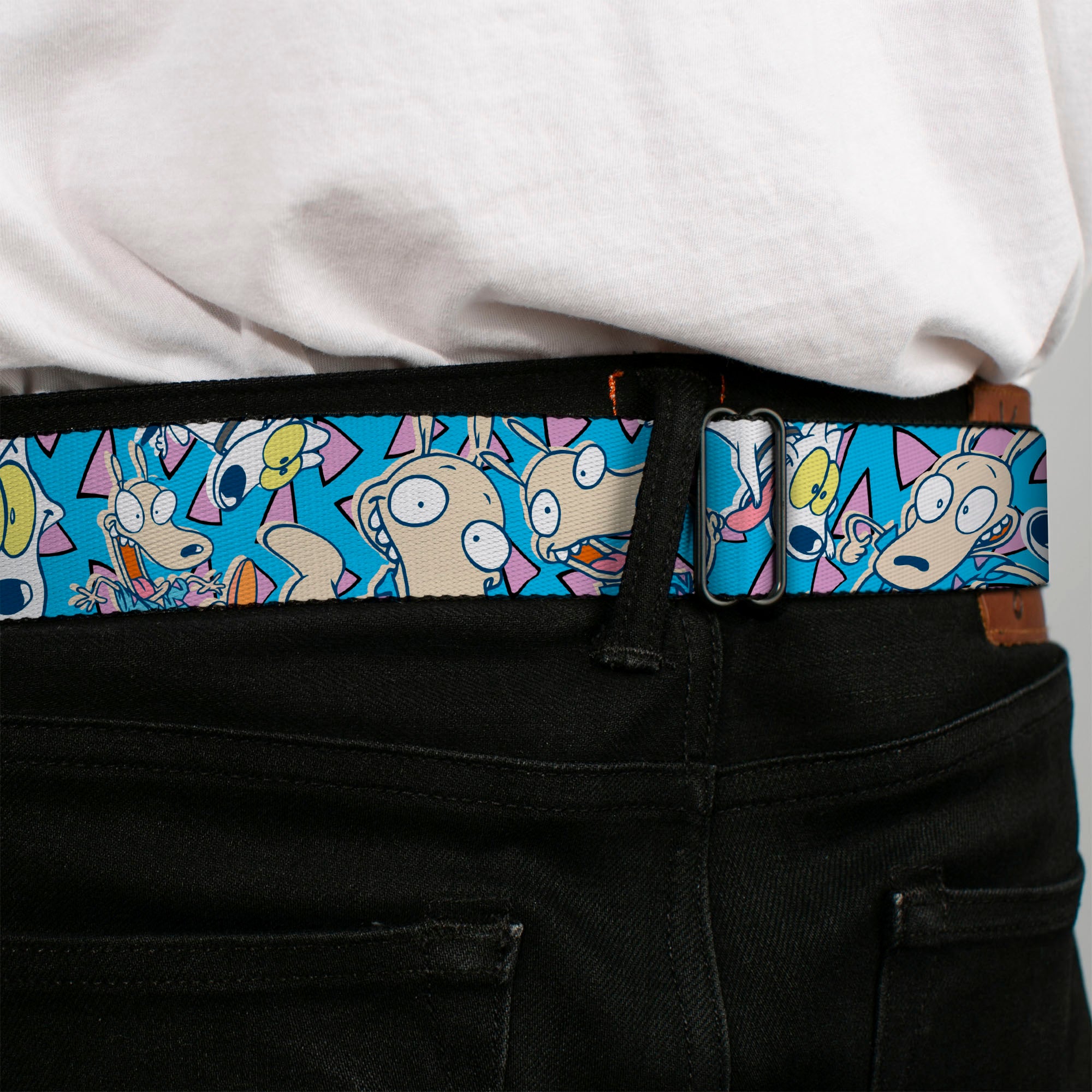 ROCKO'S MODERN LIFE Logo Full Color Black/Blues Seatbelt Belt - Rocko & Spunky Scattered Expressions/Triangles Blue/Lavender Webbing Seatbelt Belts Ren and Stimpy