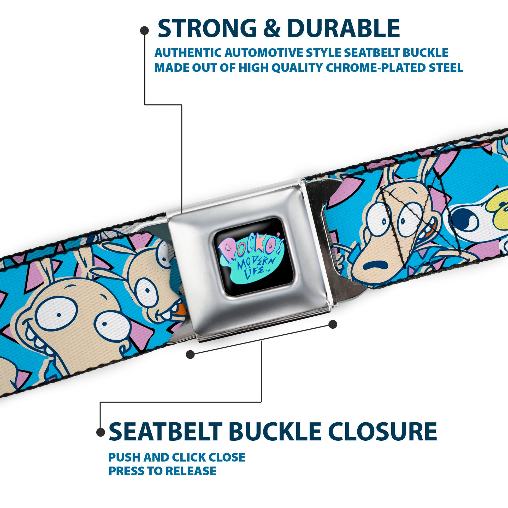 ROCKO'S MODERN LIFE Logo Full Color Black/Blues Seatbelt Belt - Rocko & Spunky Scattered Expressions/Triangles Blue/Lavender Webbing Seatbelt Belts Ren and Stimpy