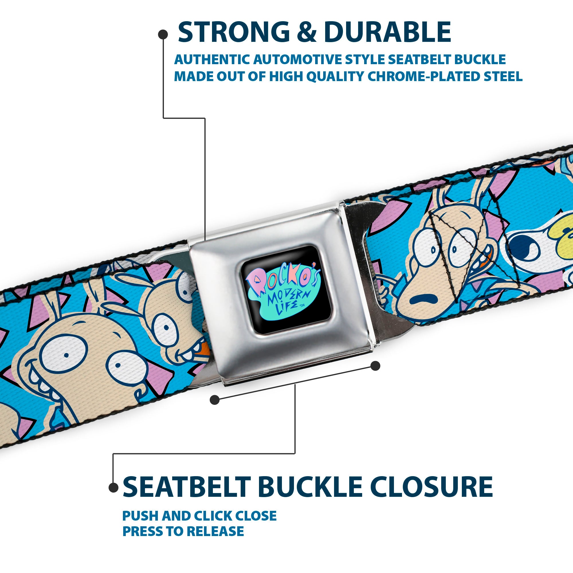 ROCKO'S MODERN LIFE Logo Full Color Black/Blues Seatbelt Belt - Rocko & Spunky Scattered Expressions/Triangles Blue/Lavender Webbing Seatbelt Belts Ren and Stimpy
