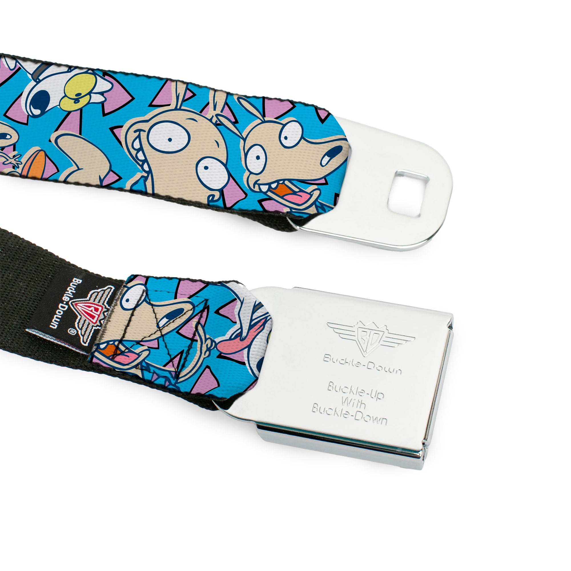 ROCKO'S MODERN LIFE Logo Full Color Black/Blues Seatbelt Belt - Rocko & Spunky Scattered Expressions/Triangles Blue/Lavender Webbing Seatbelt Belts Ren and Stimpy