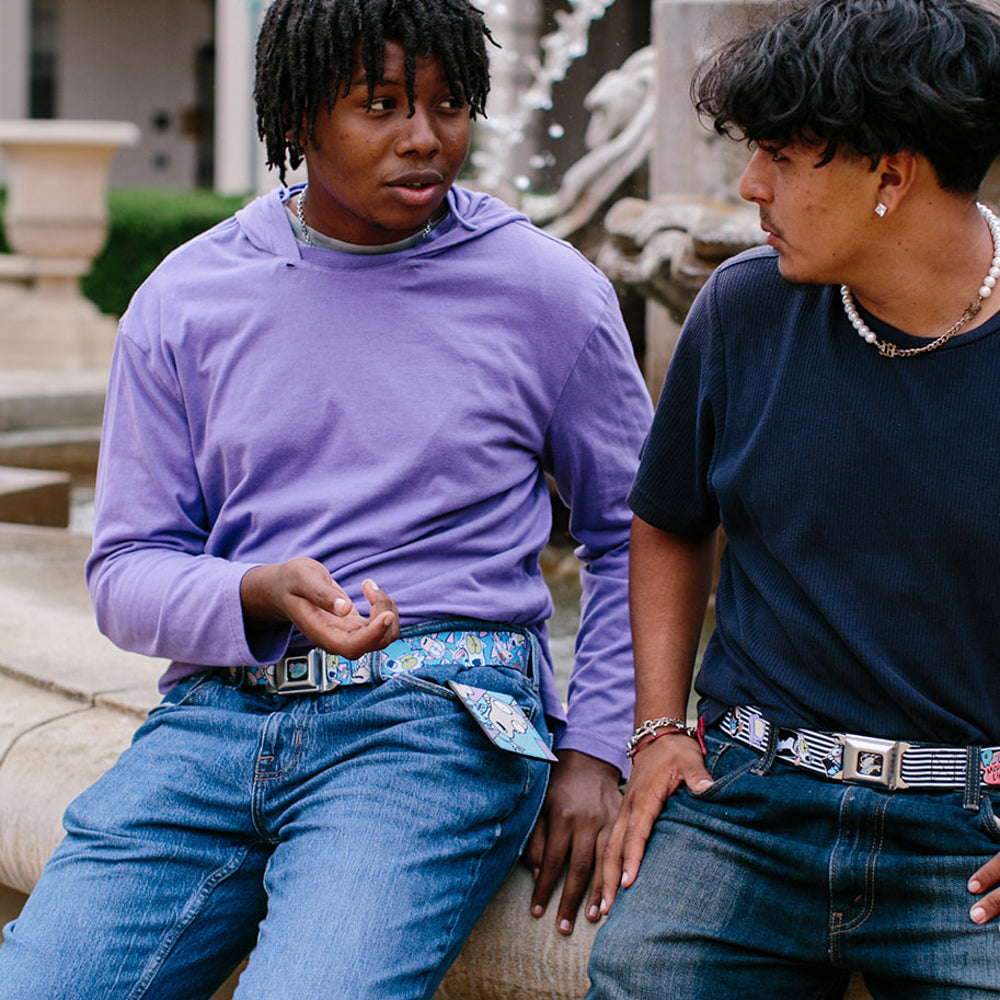 ROCKO'S MODERN LIFE Logo Full Color Black/Blues Seatbelt Belt - Rocko & Spunky Scattered Expressions/Triangles Blue/Lavender Webbing Seatbelt Belts Ren and Stimpy