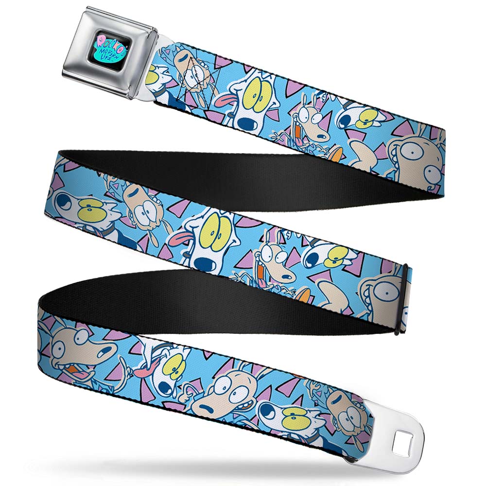 ROCKO'S MODERN LIFE Logo Full Color Black/Blues Seatbelt Belt - Rocko & Spunky Scattered Expressions/Triangles Blue/Lavender Webbing Seatbelt Belts Ren and Stimpy