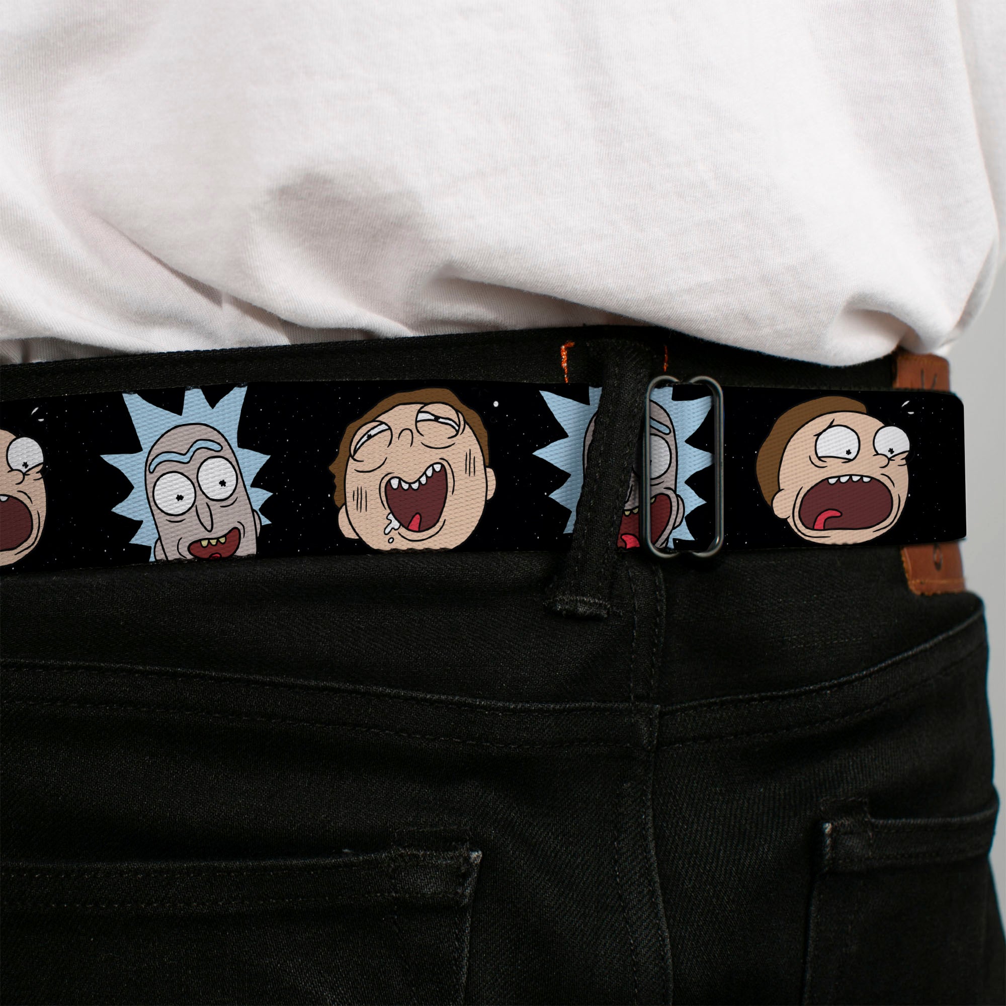 RICK AND MORTY Text Logo Full Color Black/Blue Seatbelt Belt - Rick and Morty Expressions in Space Webbing Seatbelt Belts Rick and Morty