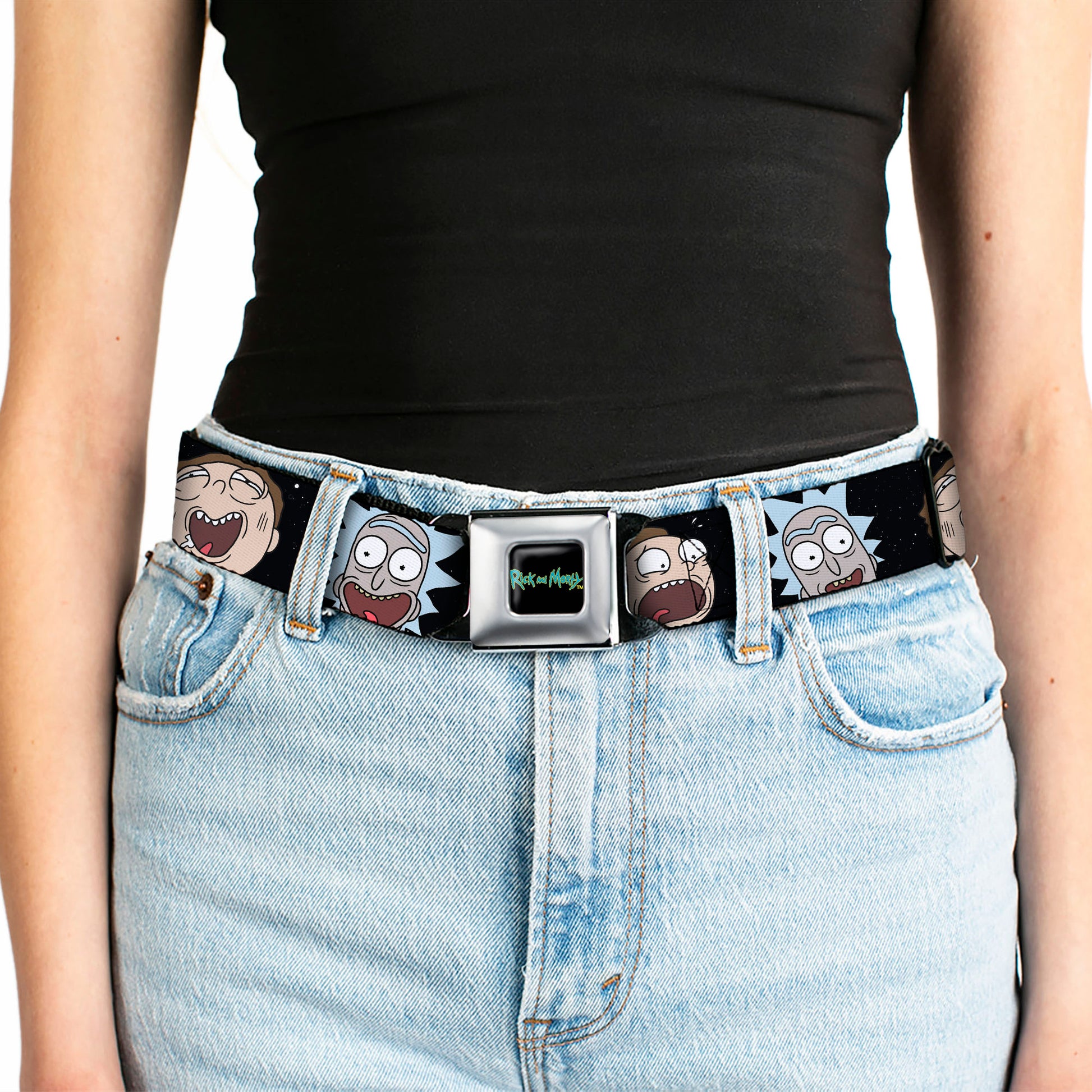 RICK AND MORTY Text Logo Full Color Black/Blue Seatbelt Belt - Rick and Morty Expressions in Space Webbing Seatbelt Belts Rick and Morty