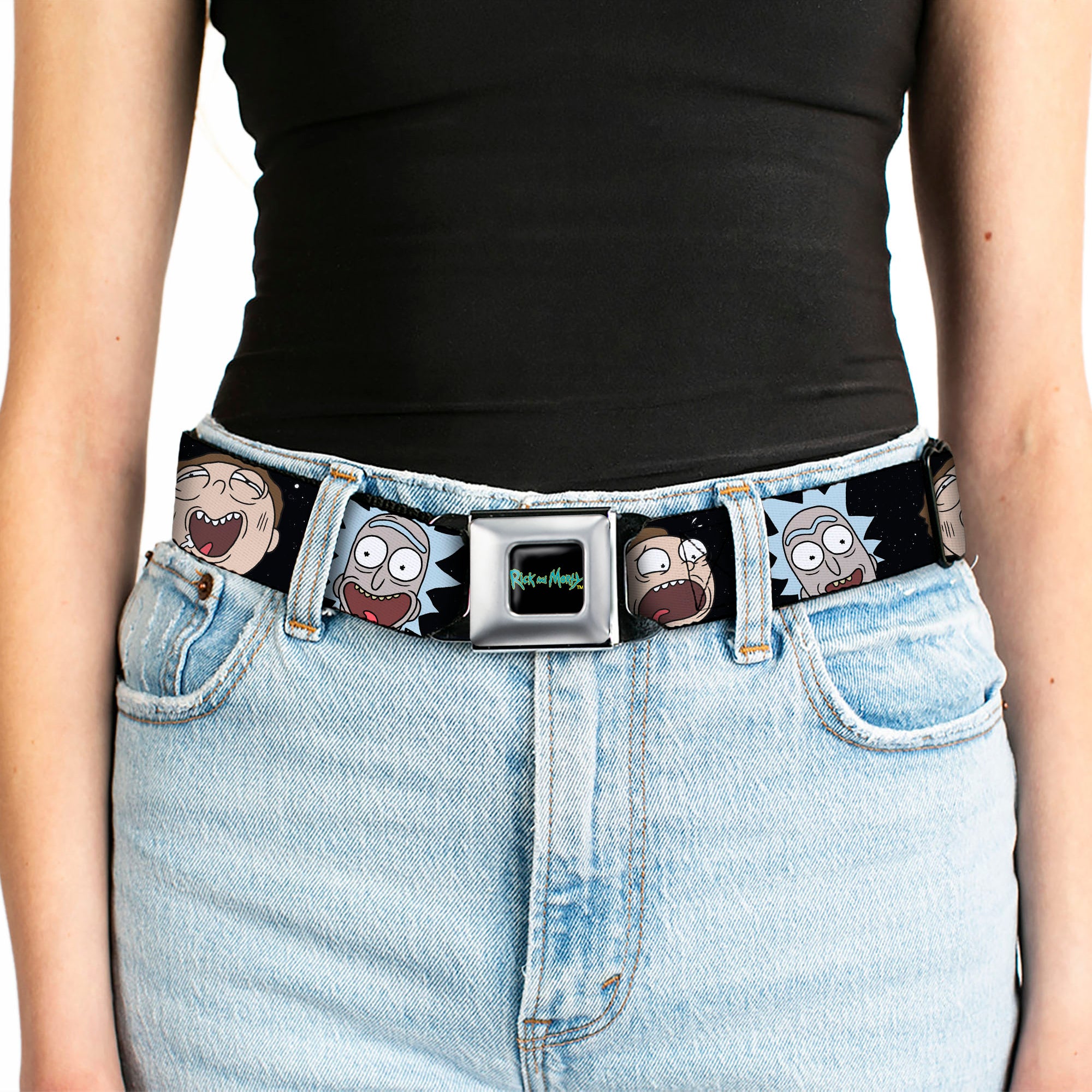 RICK AND MORTY Text Logo Full Color Black/Blue Seatbelt Belt - Rick and Morty Expressions in Space Webbing Seatbelt Belts Rick and Morty