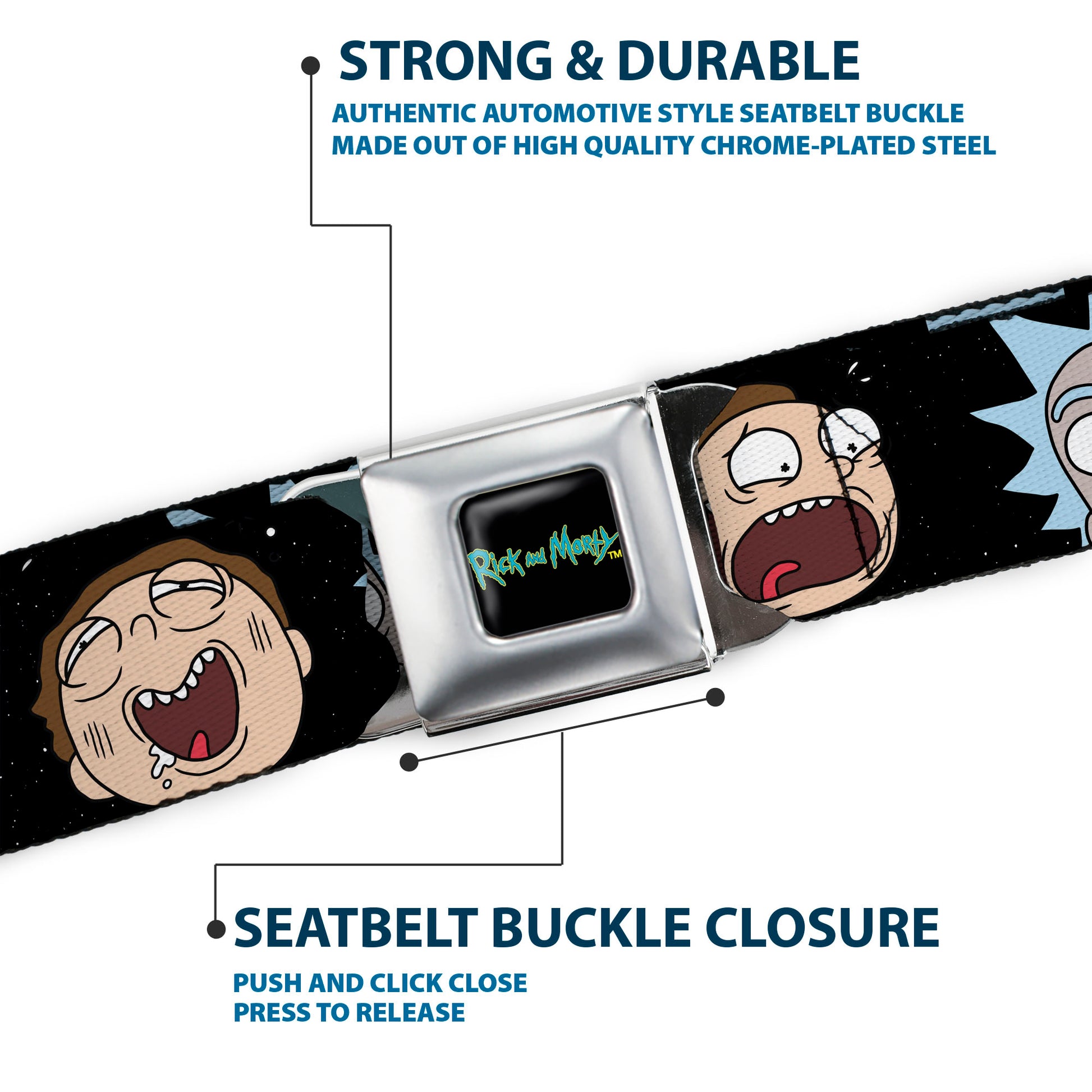 RICK AND MORTY Text Logo Full Color Black/Blue Seatbelt Belt - Rick and Morty Expressions in Space Webbing Seatbelt Belts Rick and Morty