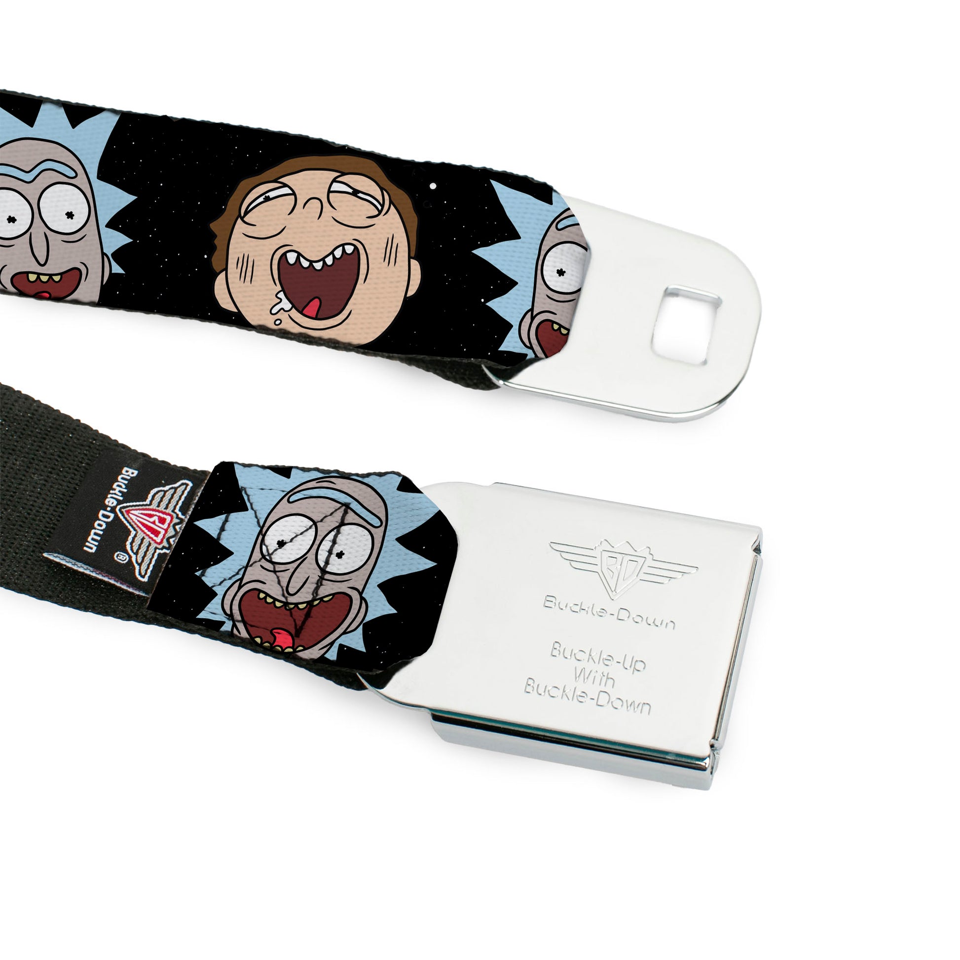 RICK AND MORTY Text Logo Full Color Black/Blue Seatbelt Belt - Rick and Morty Expressions in Space Webbing Seatbelt Belts Rick and Morty