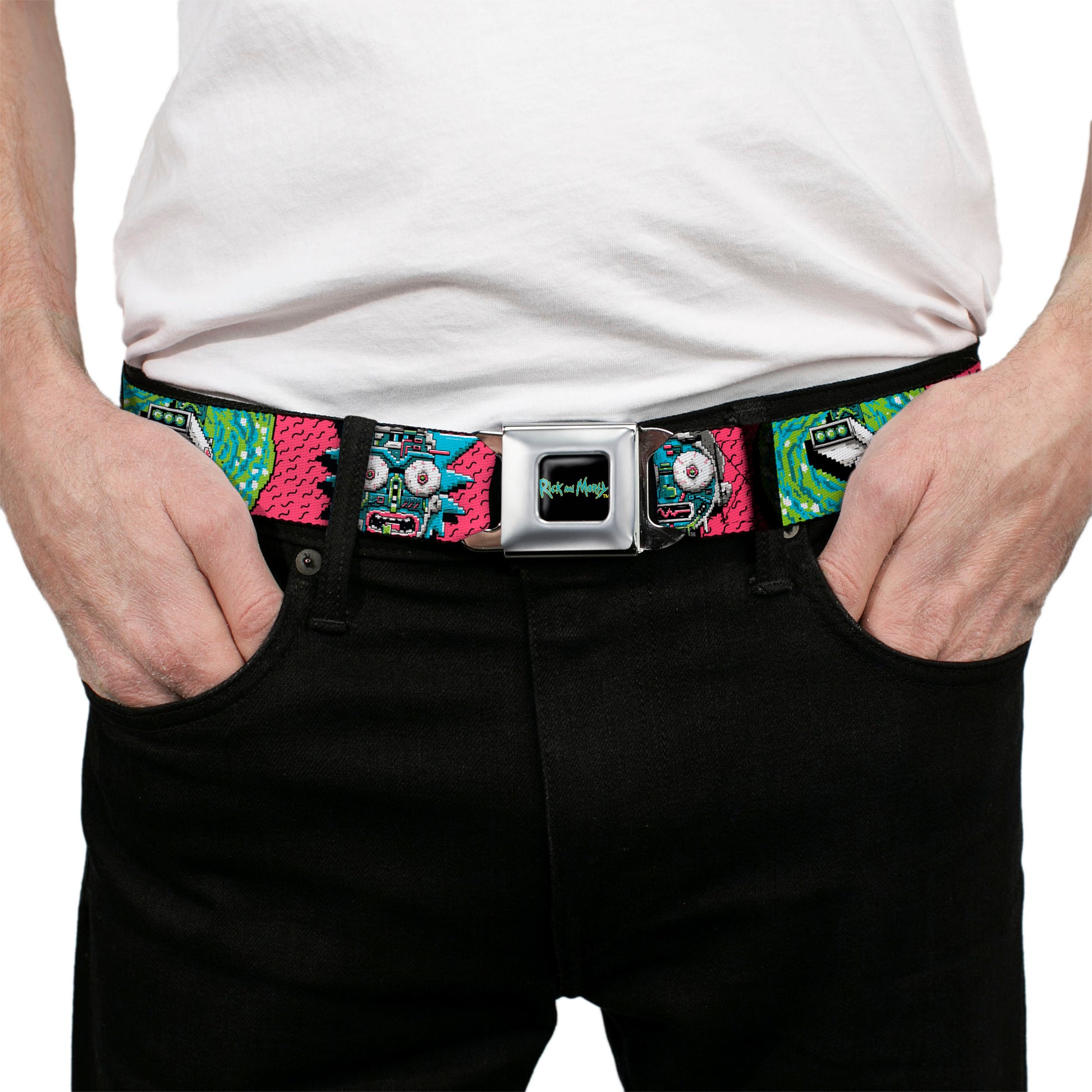 RICK AND MORTY Text Logo Full Color Black/Blue Seatbelt Belt - RICK AND MORTY Text Logo Full Color Black/Blue Webbing Seatbelt Belts Rick and Morty