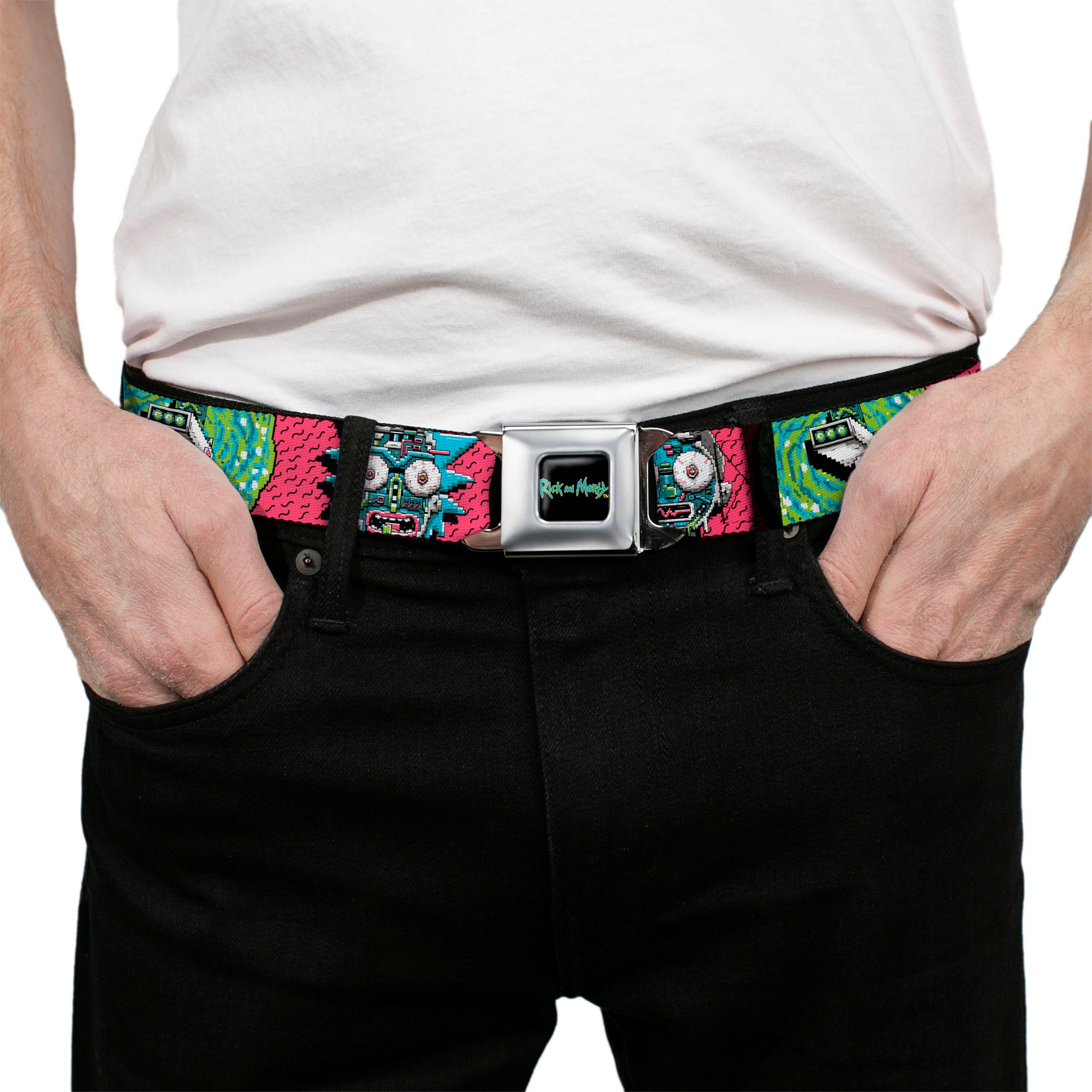 RICK AND MORTY Text Logo Full Color Black/Blue Seatbelt Belt - RICK AND MORTY Text Logo Full Color Black/Blue Webbing Seatbelt Belts Rick and Morty