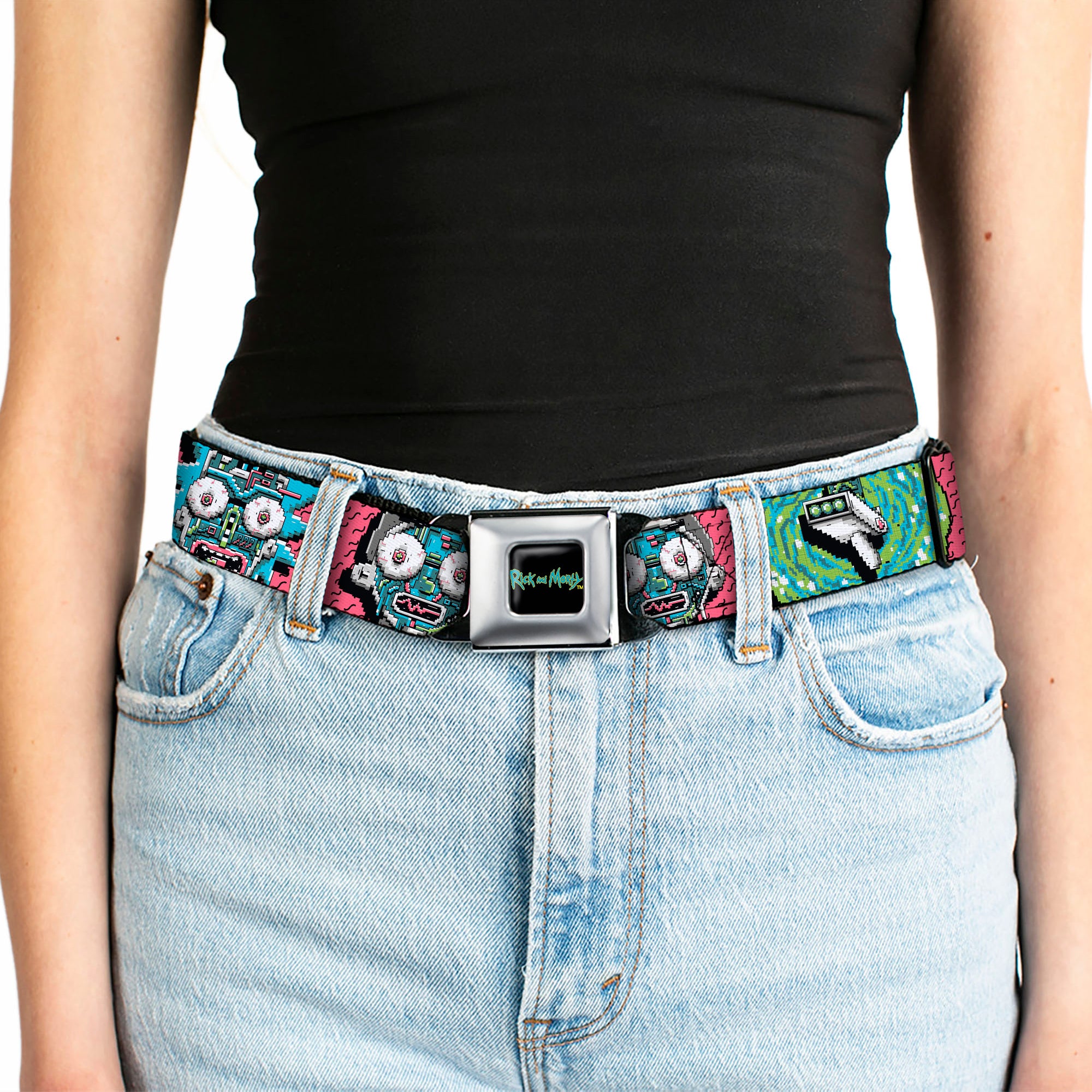 RICK AND MORTY Text Logo Full Color Black/Blue Seatbelt Belt - RICK AND MORTY Text Logo Full Color Black/Blue Webbing Seatbelt Belts Rick and Morty