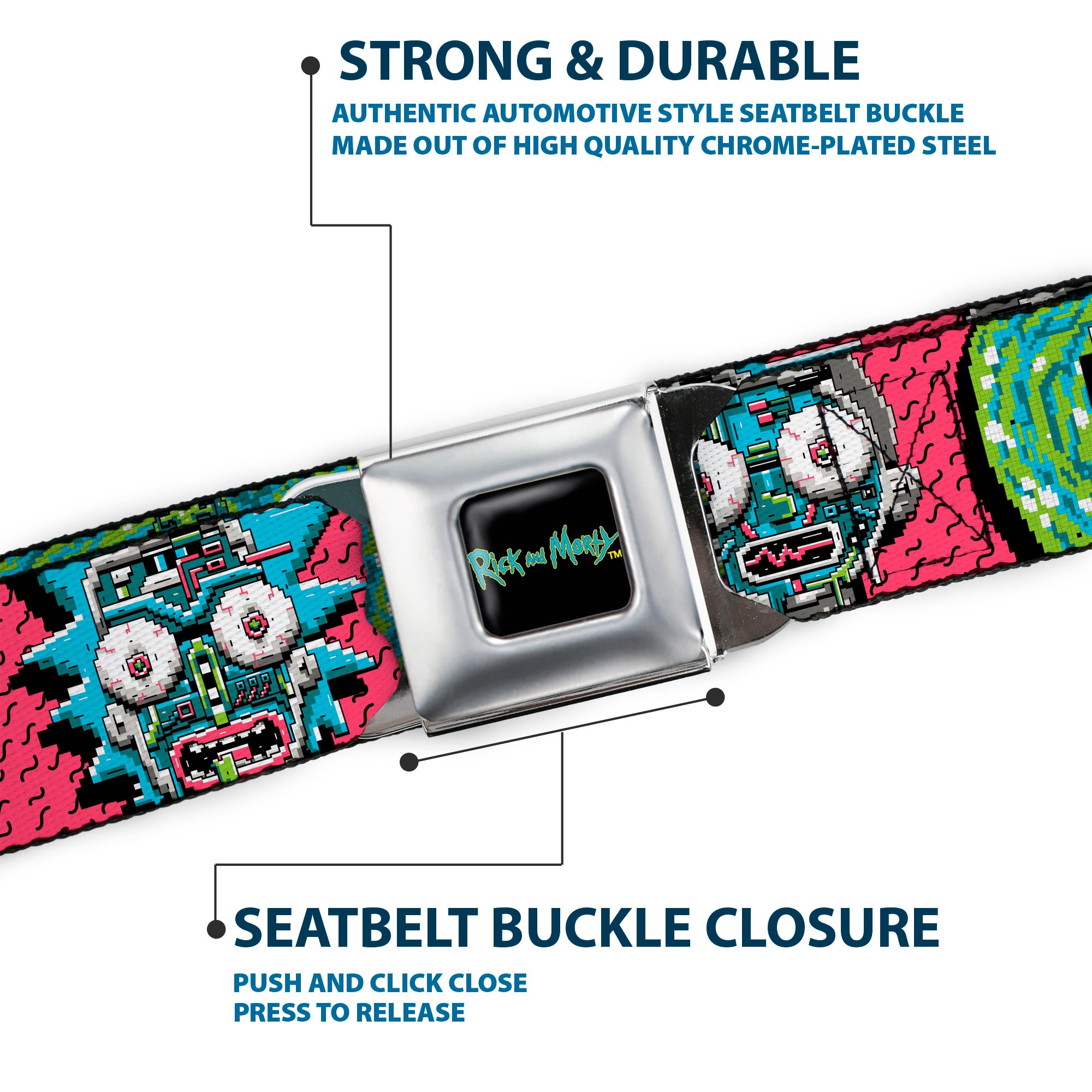 RICK AND MORTY Text Logo Full Color Black/Blue Seatbelt Belt - RICK AND MORTY Text Logo Full Color Black/Blue Webbing Seatbelt Belts Rick and Morty