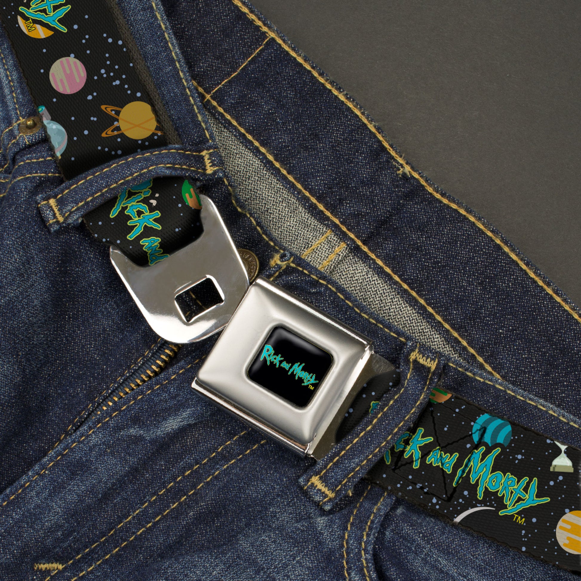 RICK AND MORTY Text Logo Full Color Black/Blue Seatbelt Belt - RICK AND MORTY Title Logo Space Black Webbing Seatbelt Belts Rick and Morty
