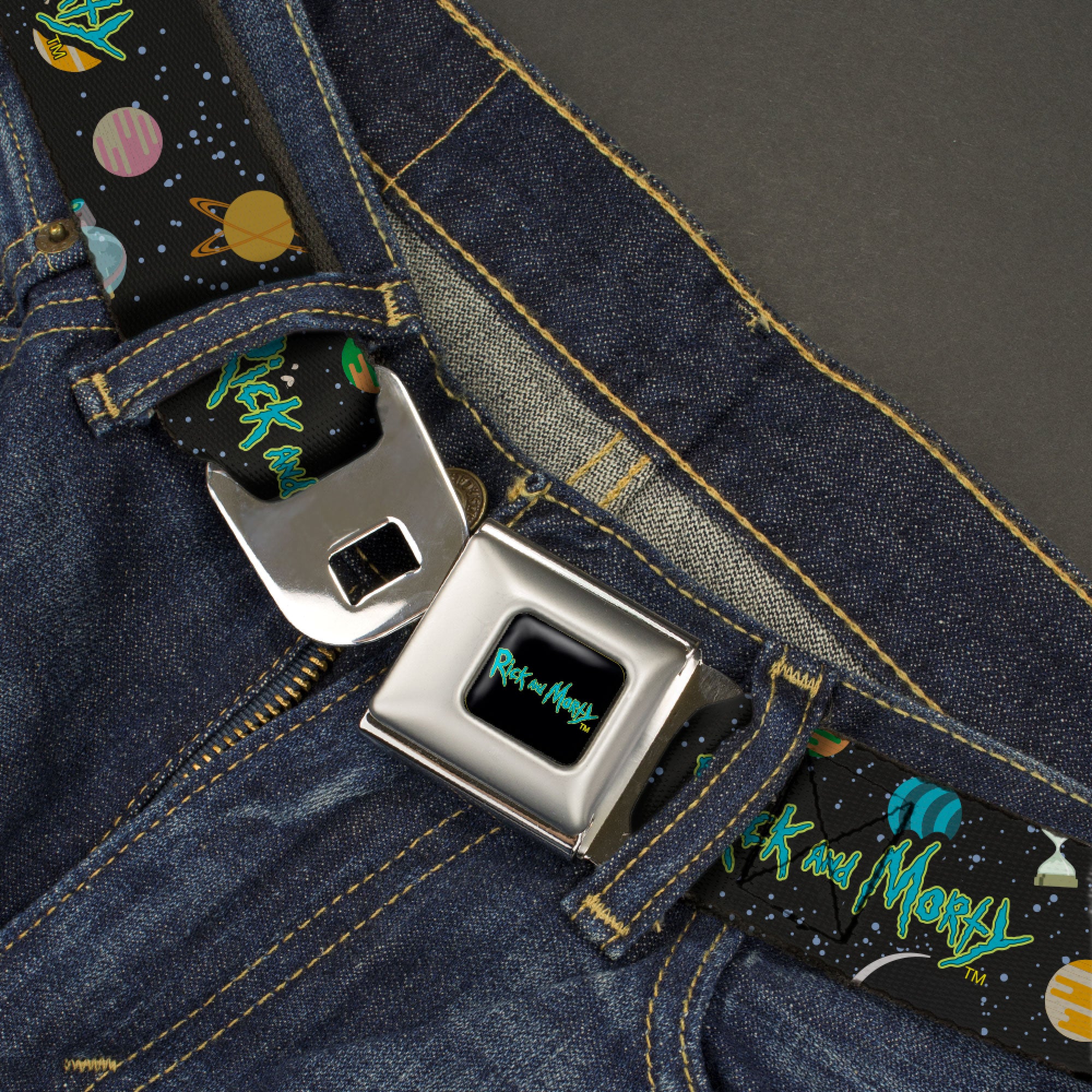 RICK AND MORTY Text Logo Full Color Black/Blue Seatbelt Belt - RICK AND MORTY Title Logo Space Black Webbing Seatbelt Belts Rick and Morty