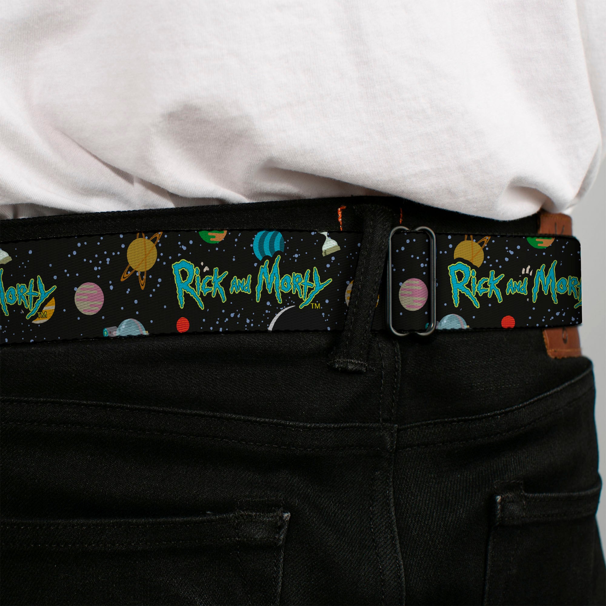 RICK AND MORTY Text Logo Full Color Black/Blue Seatbelt Belt - RICK AND MORTY Title Logo Space Black Webbing Seatbelt Belts Rick and Morty