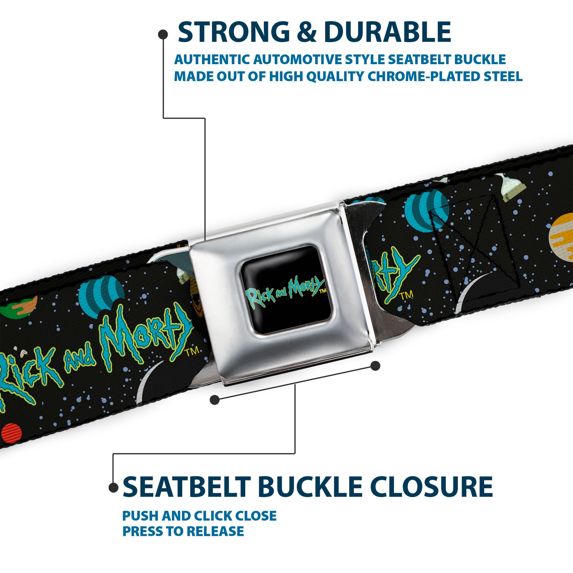 RICK AND MORTY Text Logo Full Color Black/Blue Seatbelt Belt - RICK AND MORTY Title Logo Space Black Webbing Seatbelt Belts Rick and Morty