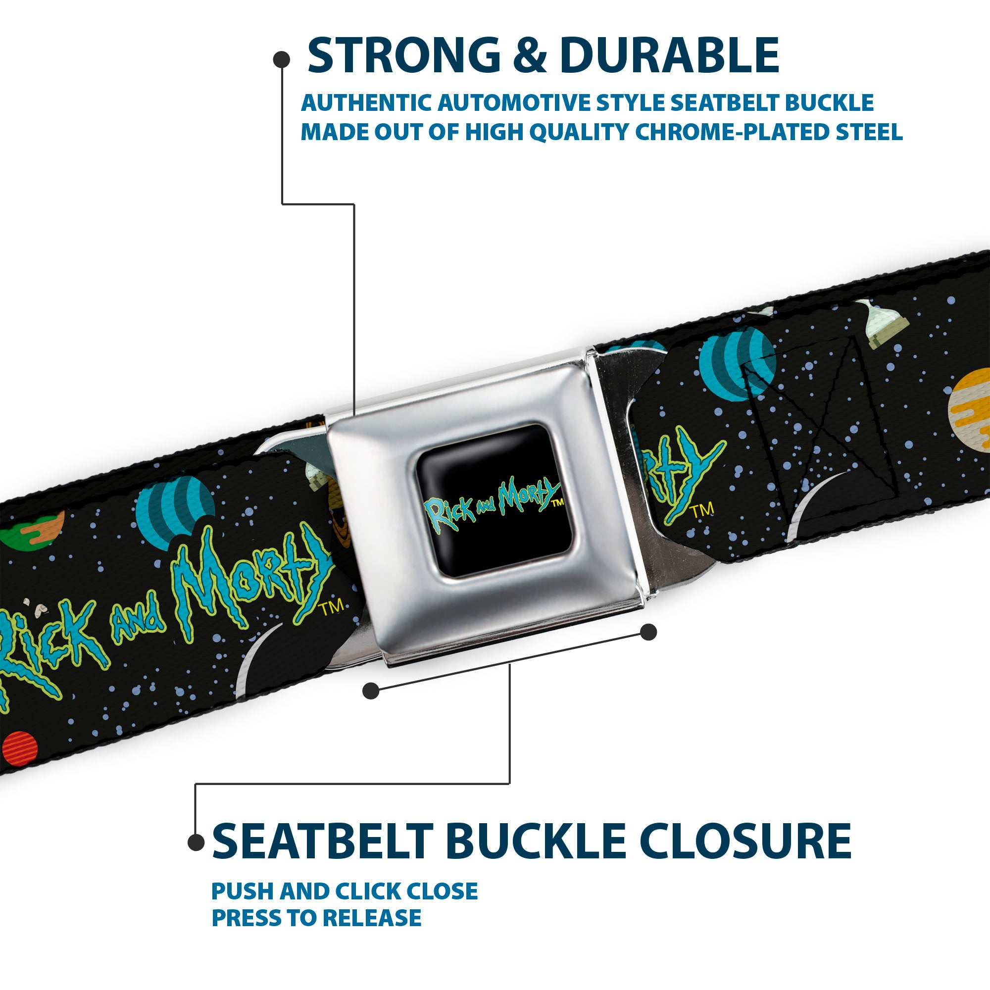 RICK AND MORTY Text Logo Full Color Black/Blue Seatbelt Belt - RICK AND MORTY Title Logo Space Black Webbing Seatbelt Belts Rick and Morty