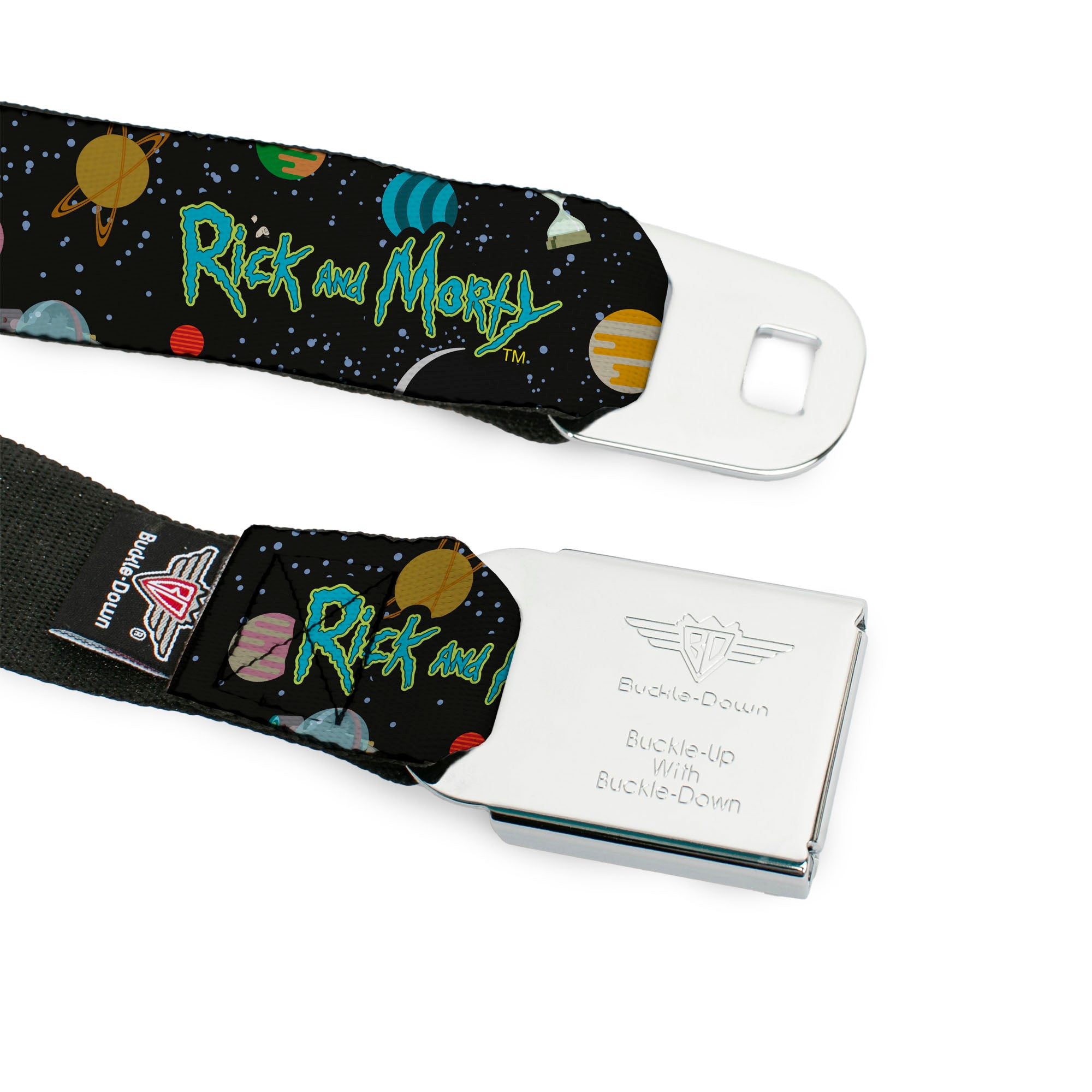 RICK AND MORTY Text Logo Full Color Black/Blue Seatbelt Belt - RICK AND MORTY Title Logo Space Black Webbing Seatbelt Belts Rick and Morty