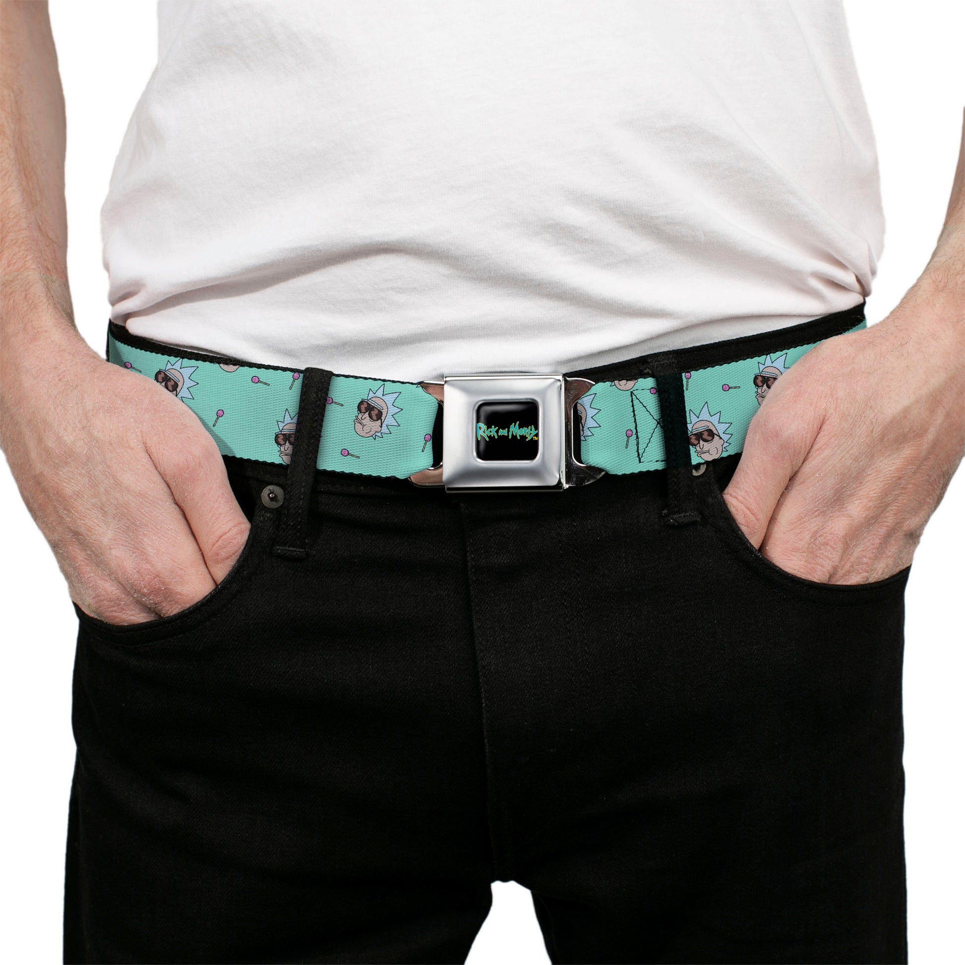 RICK AND MORTY Text Logo Full Color Black/Blue Seatbelt Belt - Rick and Morty Rick Lollipop Pose Scattered Teal Webbing Seatbelt Belts Rick and Morty