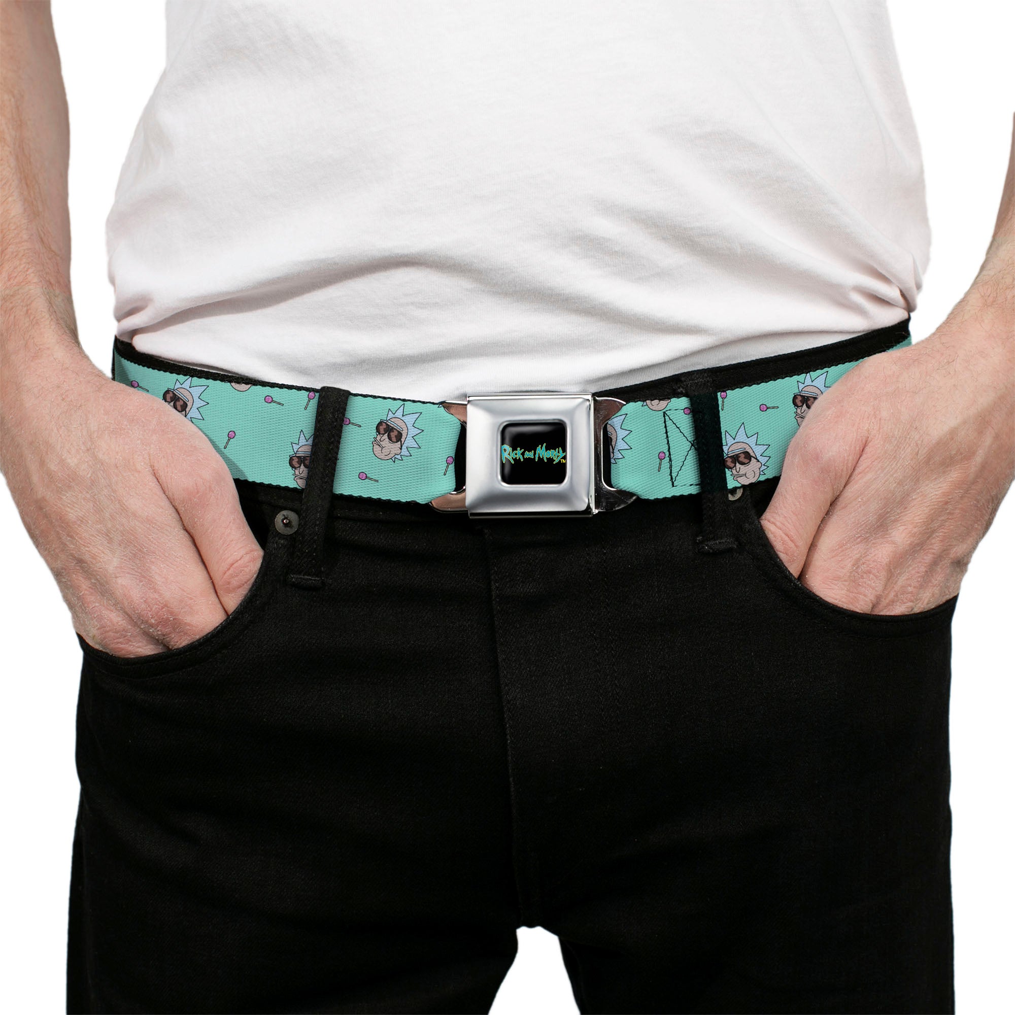 RICK AND MORTY Text Logo Full Color Black/Blue Seatbelt Belt - Rick and Morty Rick Lollipop Pose Scattered Teal Webbing Seatbelt Belts Rick and Morty