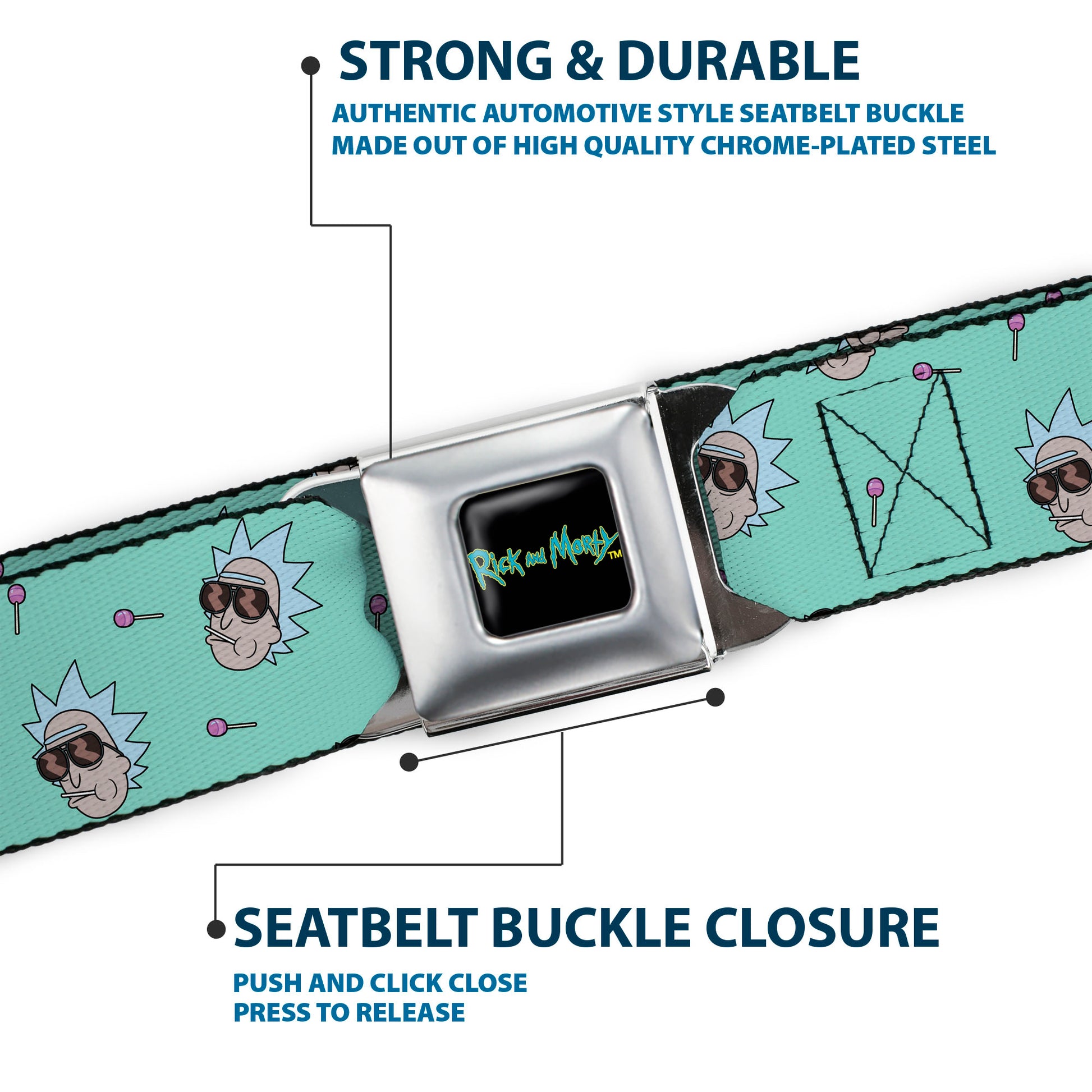RICK AND MORTY Text Logo Full Color Black/Blue Seatbelt Belt - Rick and Morty Rick Lollipop Pose Scattered Teal Webbing Seatbelt Belts Rick and Morty