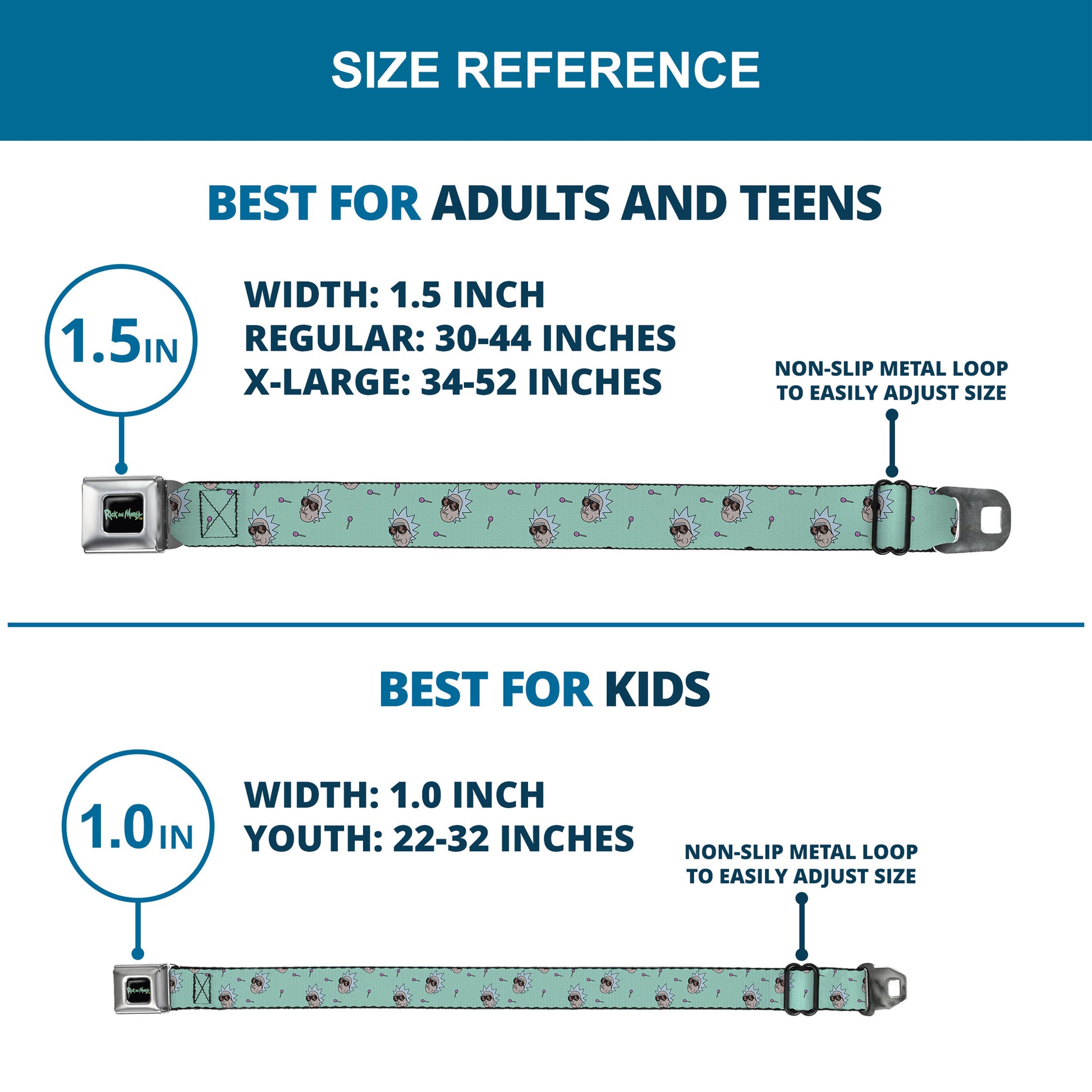 RICK AND MORTY Text Logo Full Color Black/Blue Seatbelt Belt - Rick and Morty Rick Lollipop Pose Scattered Teal Webbing Seatbelt Belts Rick and Morty