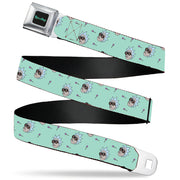RICK AND MORTY Text Logo Full Color Black/Blue Seatbelt Belt - Rick and Morty Rick Lollipop Pose Scattered Teal Webbing Seatbelt Belts Rick and Morty