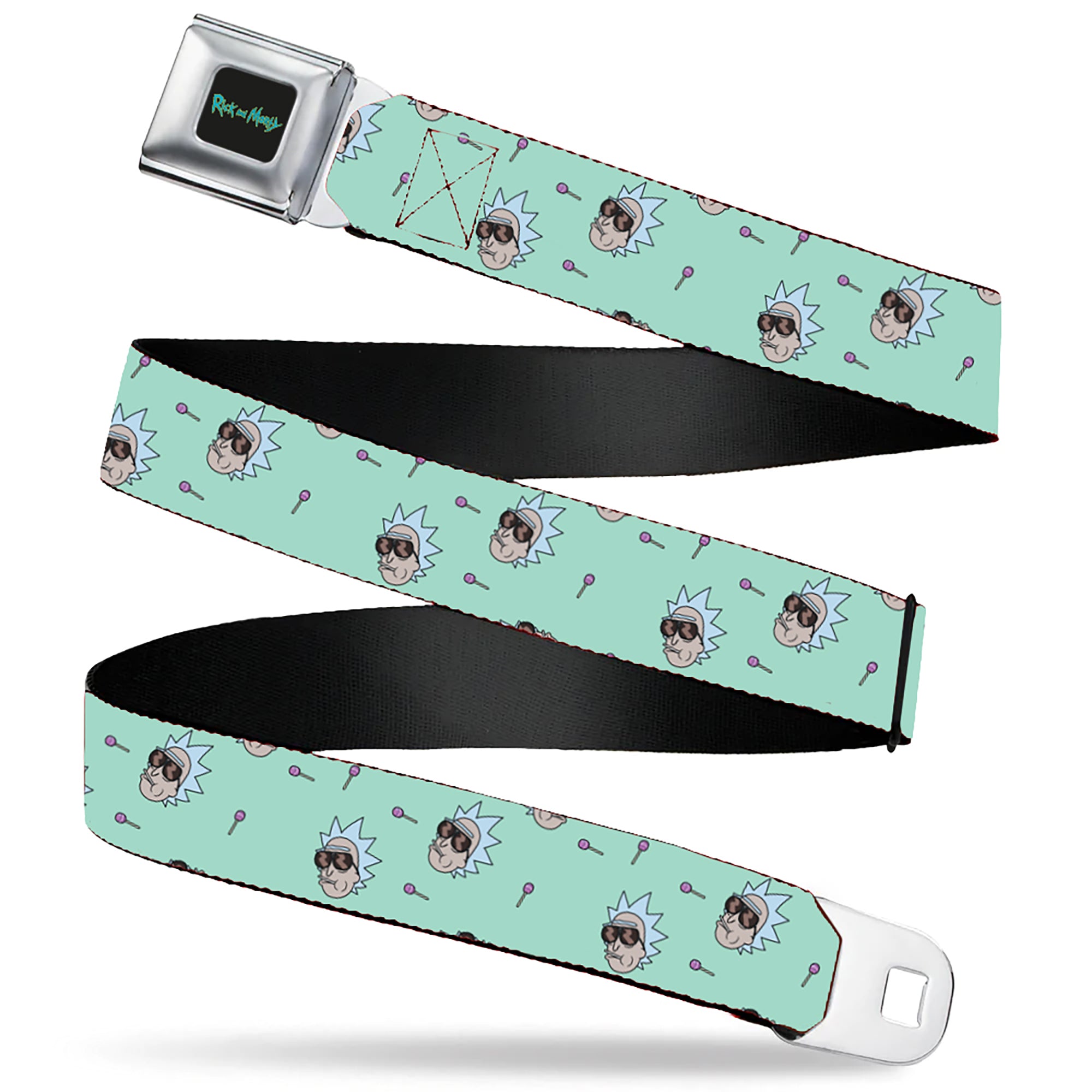 RICK AND MORTY Text Logo Full Color Black/Blue Seatbelt Belt - Rick and Morty Rick Lollipop Pose Scattered Teal Webbing Seatbelt Belts Rick and Morty
