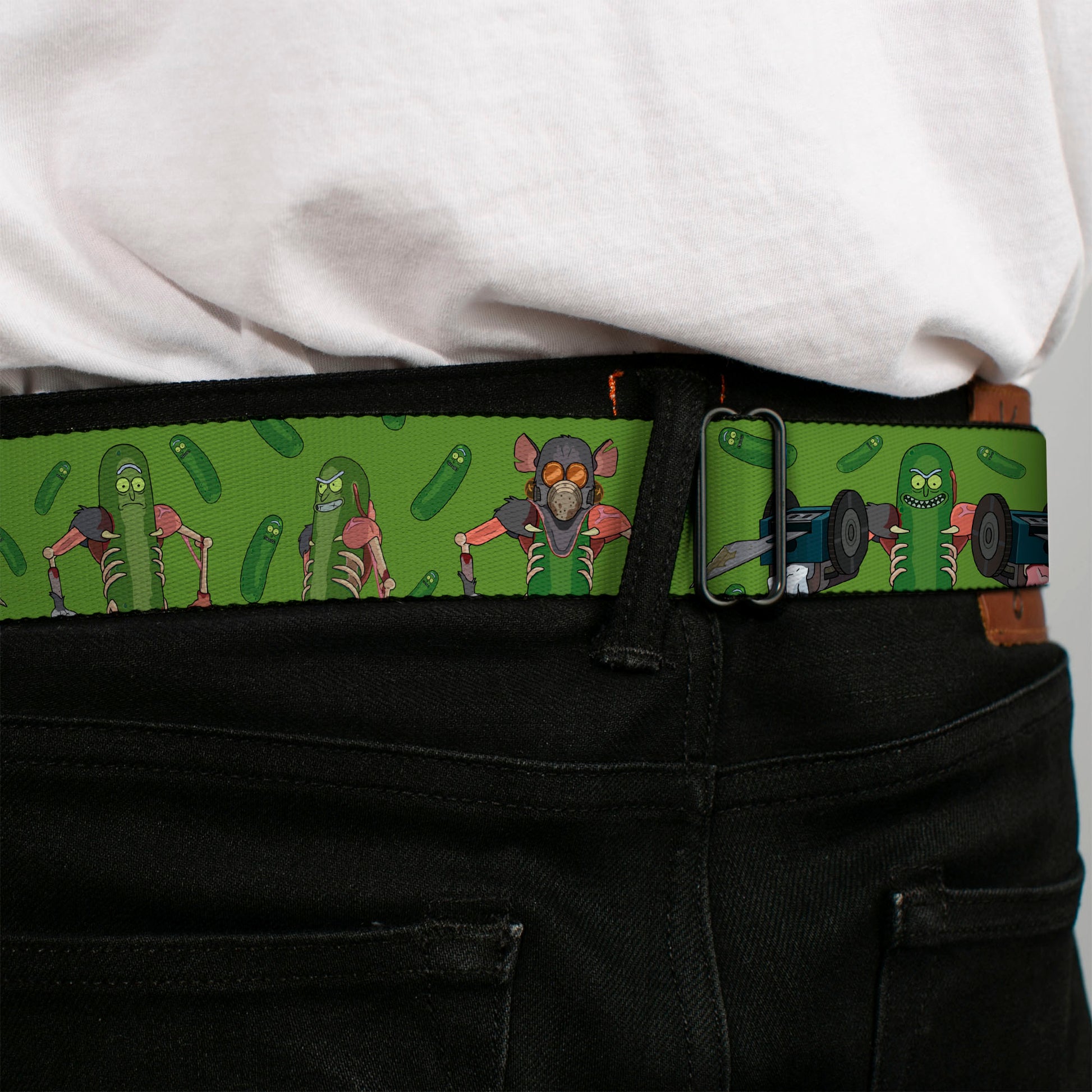 RICK AND MORTY Text Logo Full Color Black/Blue Seatbelt Belt - Rick and Morty Pickle Rick Rat Suit Poses Green Webbing Seatbelt Belts Rick and Morty