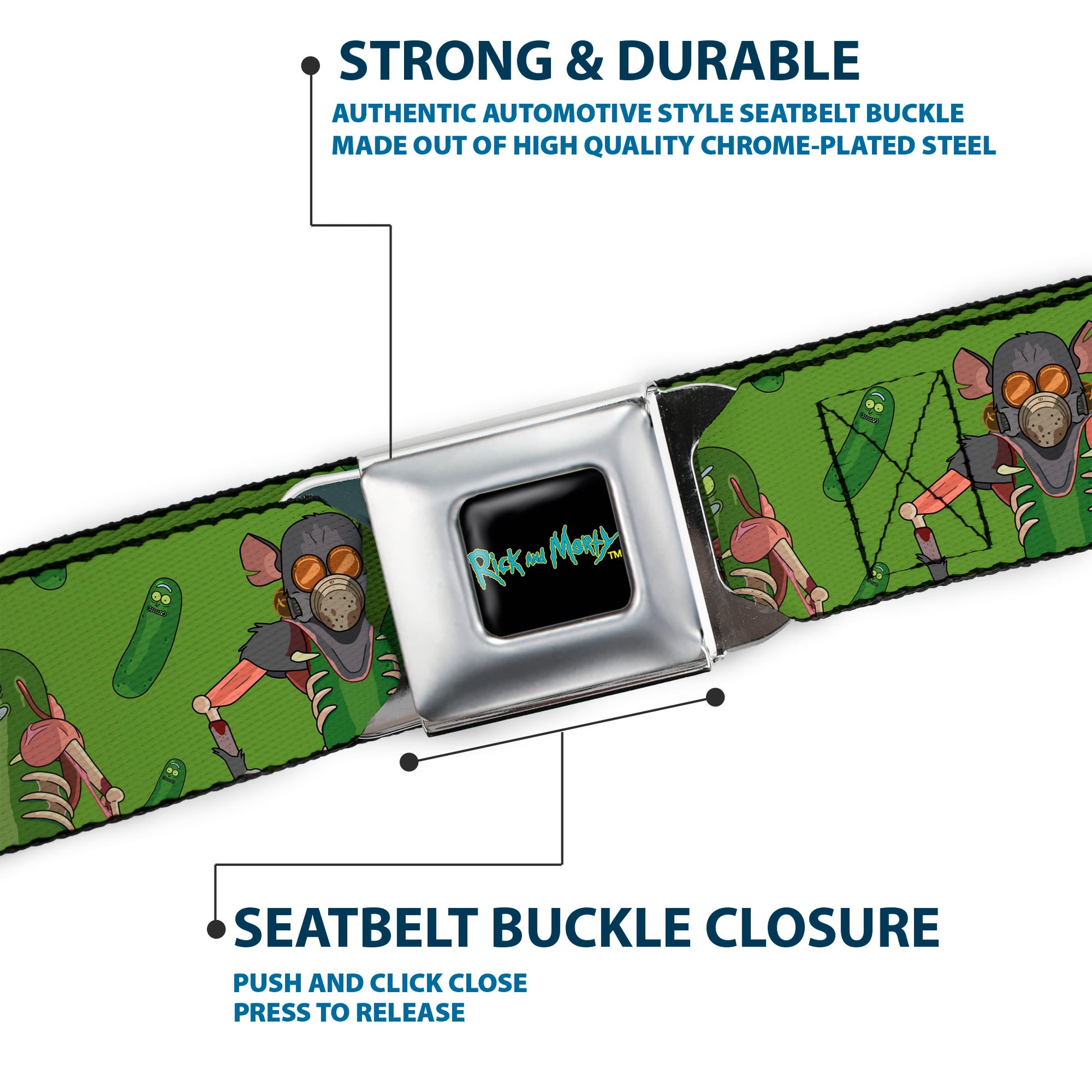 RICK AND MORTY Text Logo Full Color Black/Blue Seatbelt Belt - Rick and Morty Pickle Rick Rat Suit Poses Green Webbing Seatbelt Belts Rick and Morty