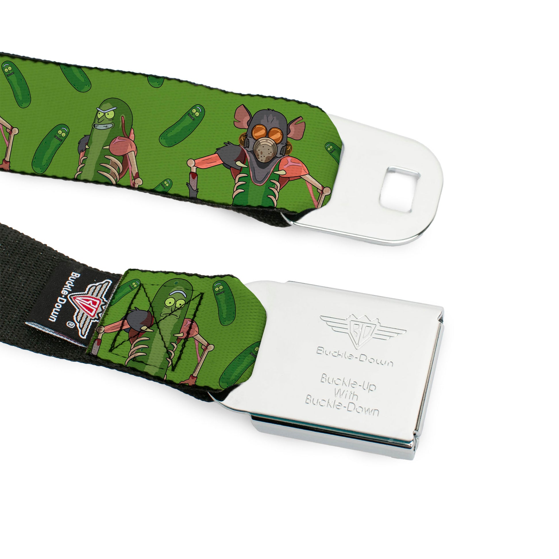RICK AND MORTY Text Logo Full Color Black/Blue Seatbelt Belt - Rick and Morty Pickle Rick Rat Suit Poses Green Webbing Seatbelt Belts Rick and Morty