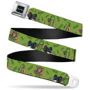 RICK AND MORTY Text Logo Full Color Black/Blue Seatbelt Belt - Rick and Morty Pickle Rick Rat Suit Poses Green Webbing Seatbelt Belts Rick and Morty