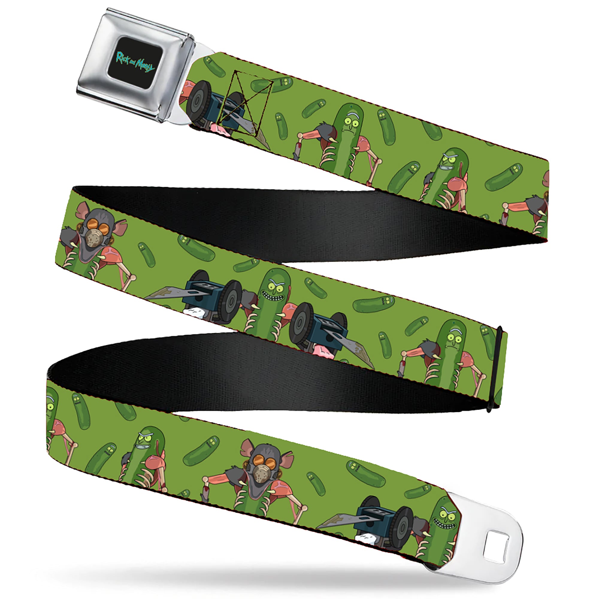 RICK AND MORTY Text Logo Full Color Black/Blue Seatbelt Belt - Rick and Morty Pickle Rick Rat Suit Poses Green Webbing Seatbelt Belts Rick and Morty