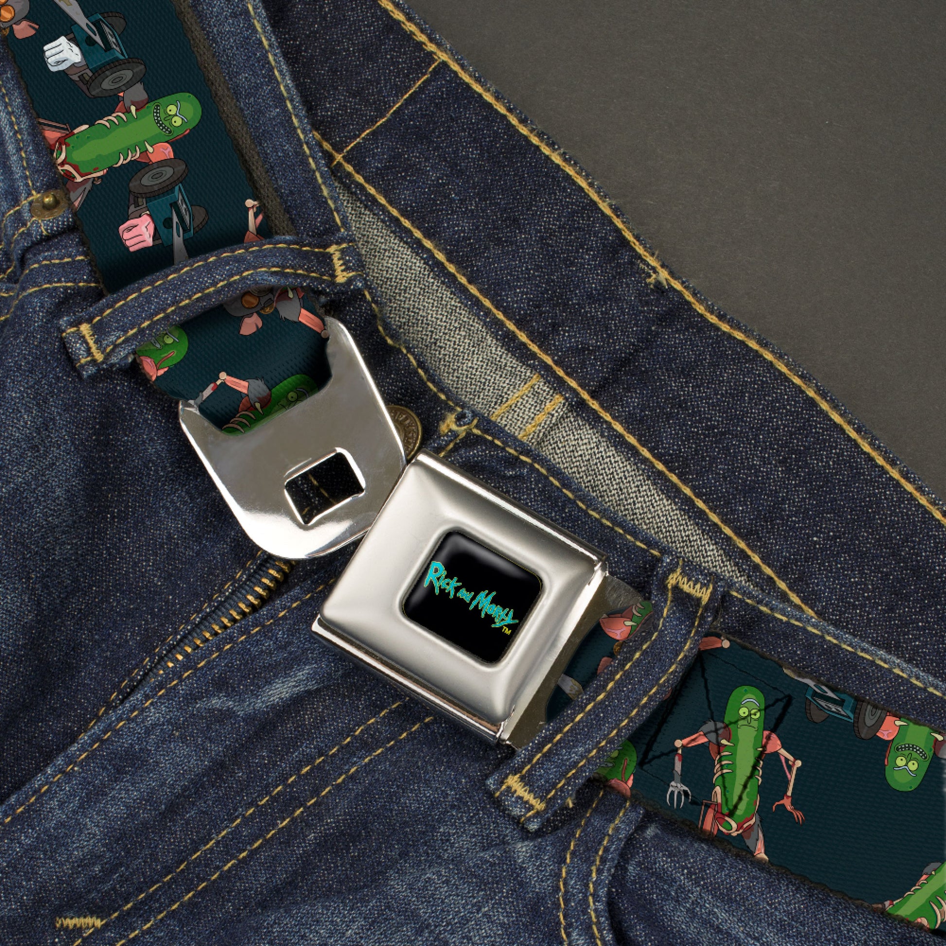 RICK AND MORTY Text Logo Full Color Black/Blue Seatbelt Belt - Rick and Morty Pickle Rick Rat Suit Poses Scattered Black Webbing Seatbelt Belts Rick and Morty