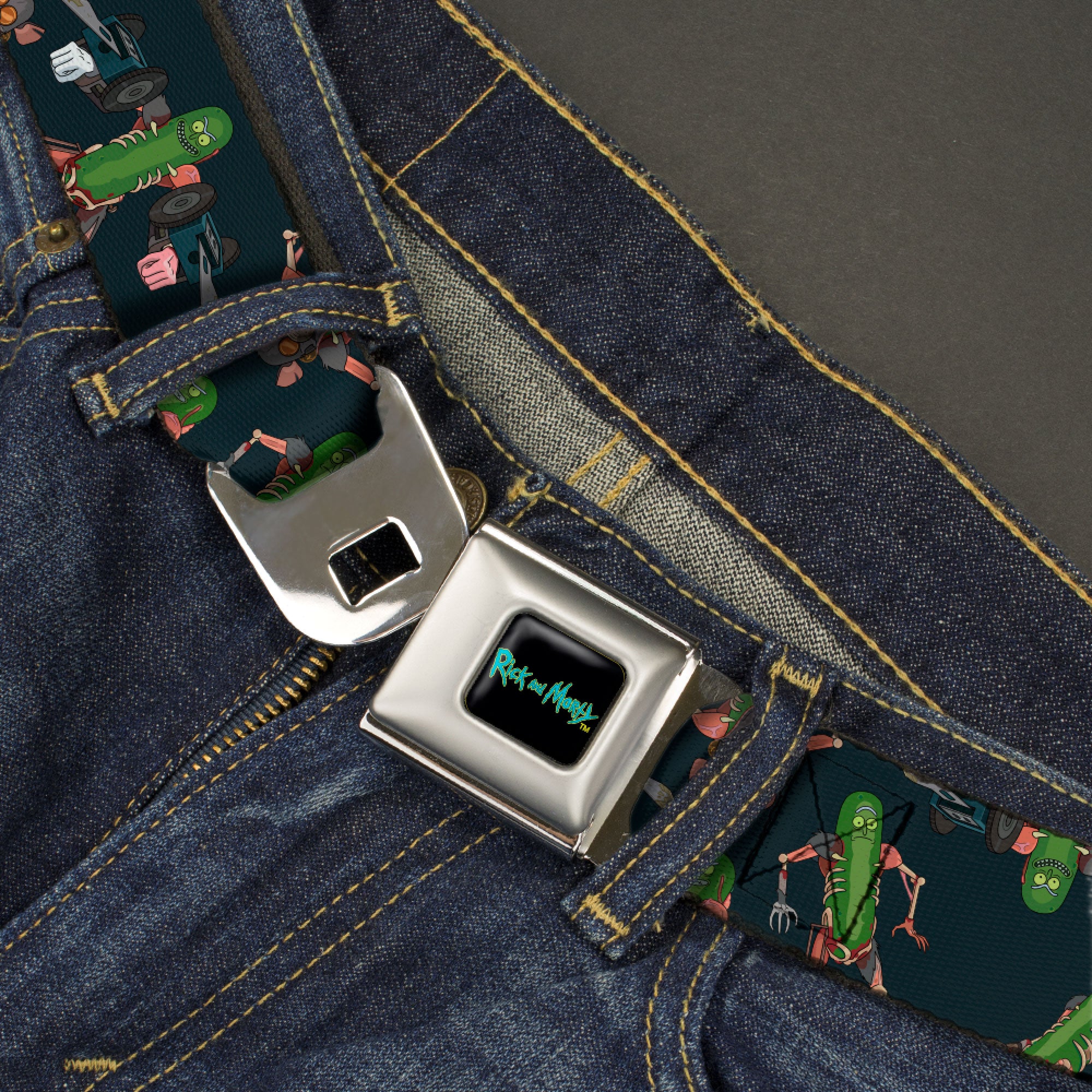 RICK AND MORTY Text Logo Full Color Black/Blue Seatbelt Belt - Rick and Morty Pickle Rick Rat Suit Poses Scattered Black Webbing Seatbelt Belts Rick and Morty