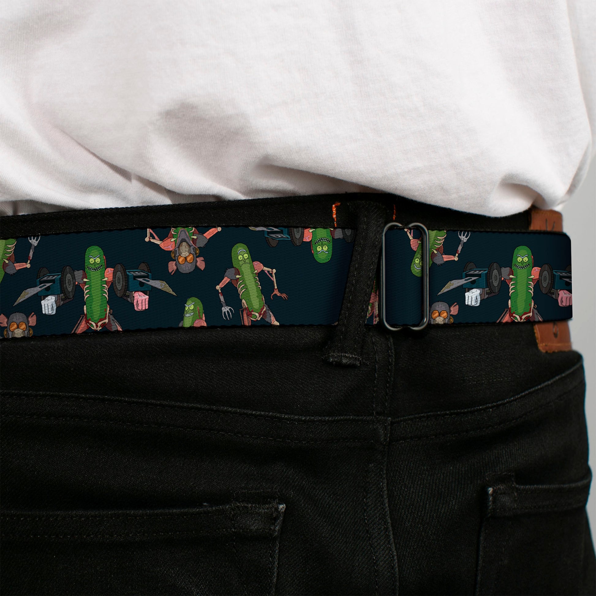 RICK AND MORTY Text Logo Full Color Black/Blue Seatbelt Belt - Rick and Morty Pickle Rick Rat Suit Poses Scattered Black Webbing Seatbelt Belts Rick and Morty