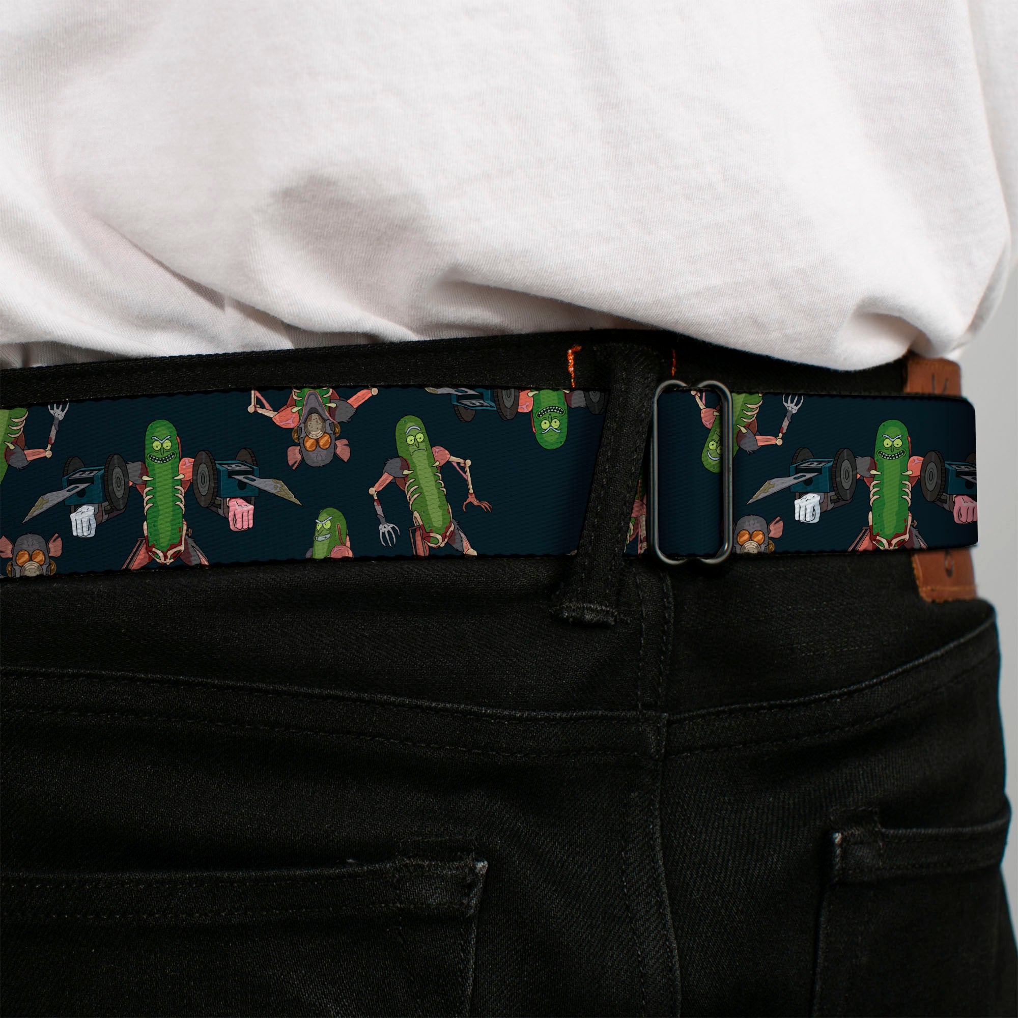 RICK AND MORTY Text Logo Full Color Black/Blue Seatbelt Belt - Rick and Morty Pickle Rick Rat Suit Poses Scattered Black Webbing Seatbelt Belts Rick and Morty
