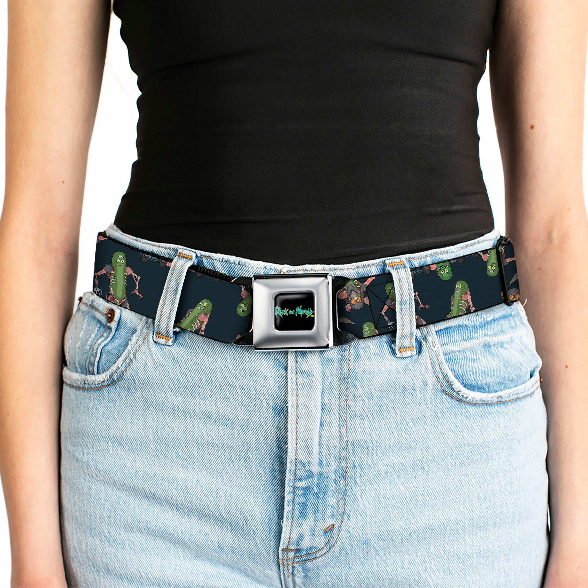 RICK AND MORTY Text Logo Full Color Black/Blue Seatbelt Belt - Rick and Morty Pickle Rick Rat Suit Poses Scattered Black Webbing Seatbelt Belts Rick and Morty