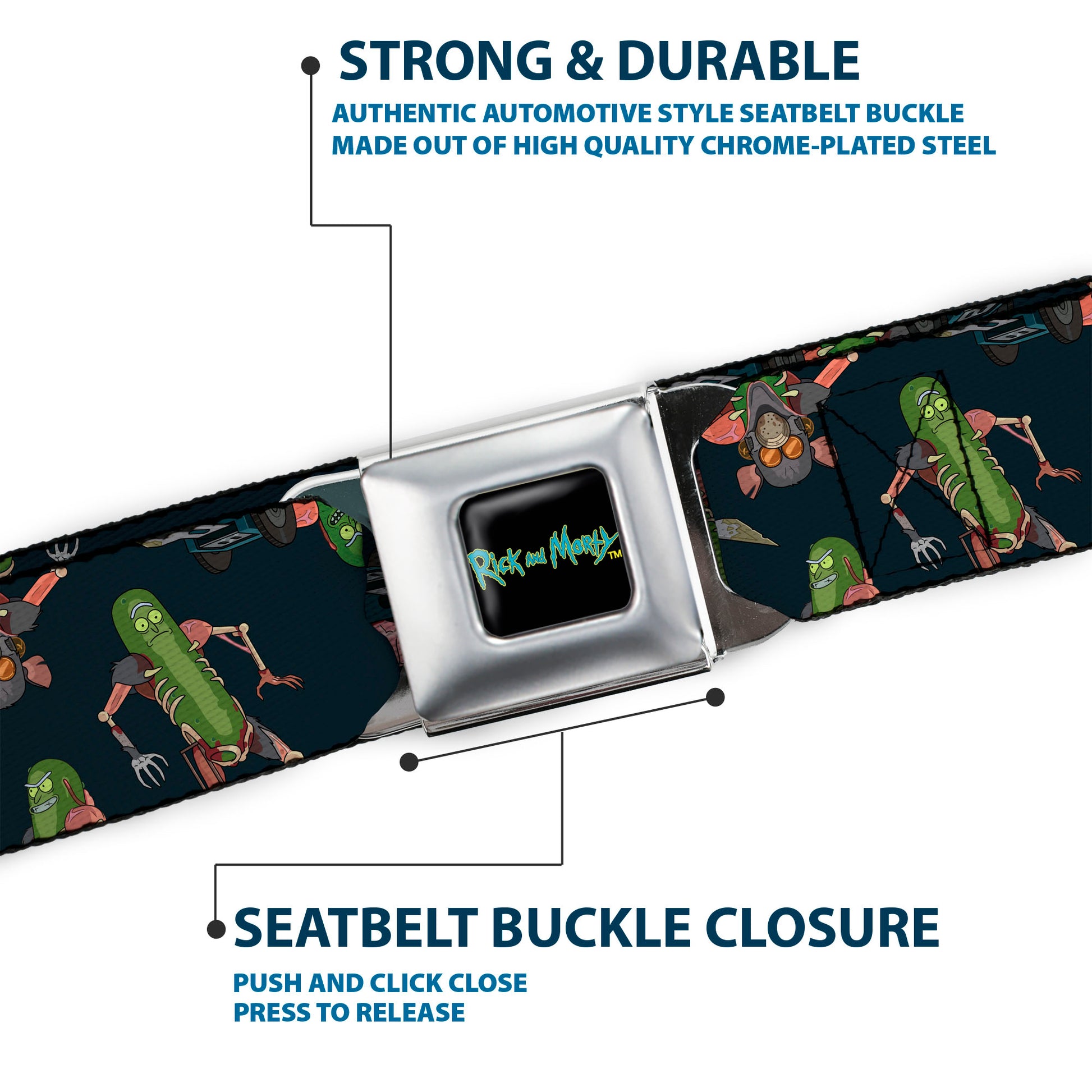 RICK AND MORTY Text Logo Full Color Black/Blue Seatbelt Belt - Rick and Morty Pickle Rick Rat Suit Poses Scattered Black Webbing Seatbelt Belts Rick and Morty