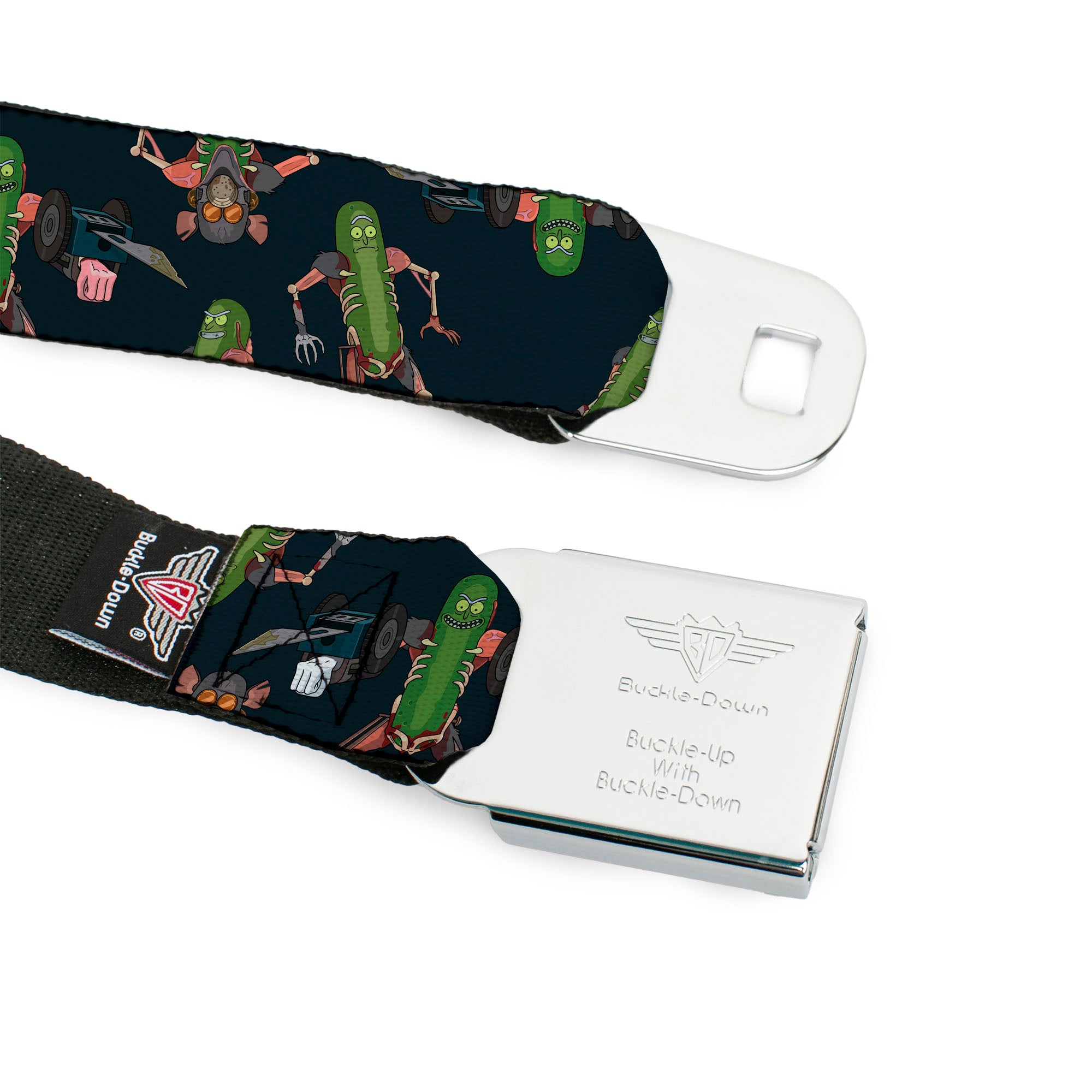 RICK AND MORTY Text Logo Full Color Black/Blue Seatbelt Belt - Rick and Morty Pickle Rick Rat Suit Poses Scattered Black Webbing Seatbelt Belts Rick and Morty