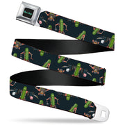 RICK AND MORTY Text Logo Full Color Black/Blue Seatbelt Belt - Rick and Morty Pickle Rick Rat Suit Poses Scattered Black Webbing Seatbelt Belts Rick and Morty